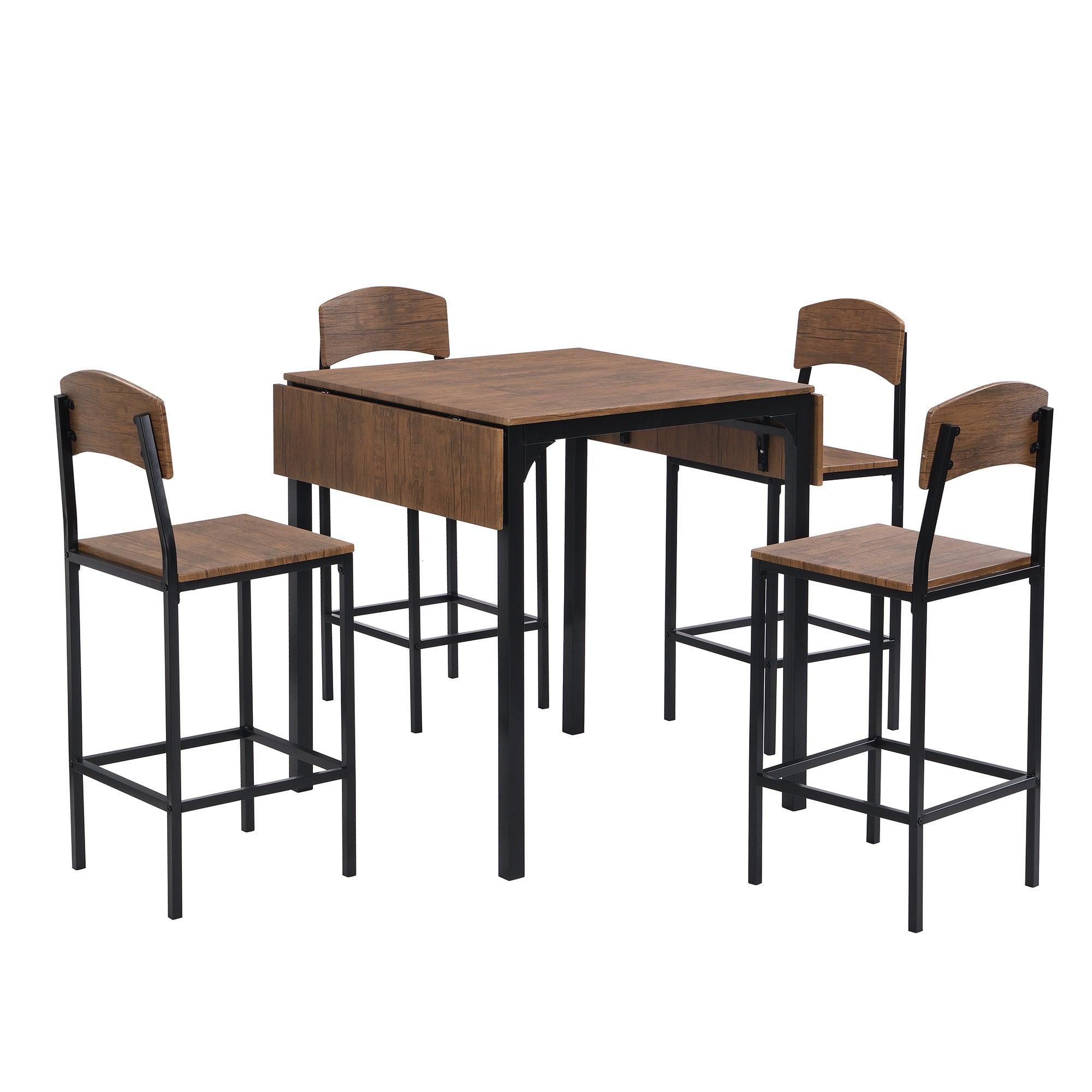 Farmhouse 5-piece Counter Height Drop Leaf Dining Table Set with Dining Chairs for 4,Black Frame+Brown Tabletop