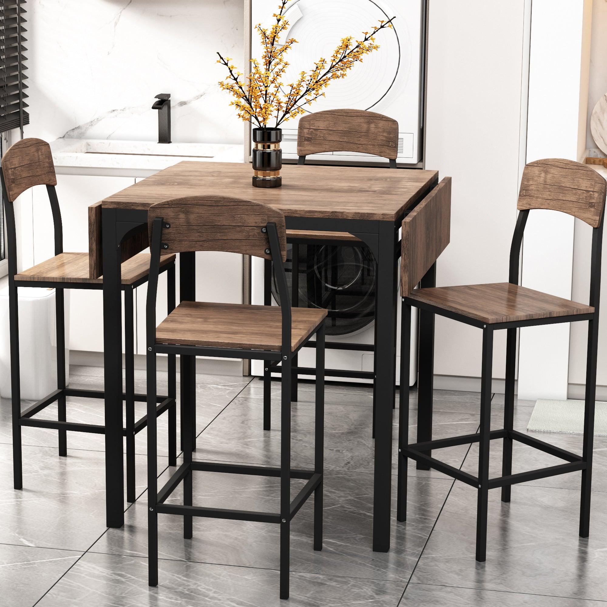 Farmhouse 5-piece Counter Height Drop Leaf Dining Table Set with Dining Chairs for 4,Black Frame+Brown Tabletop