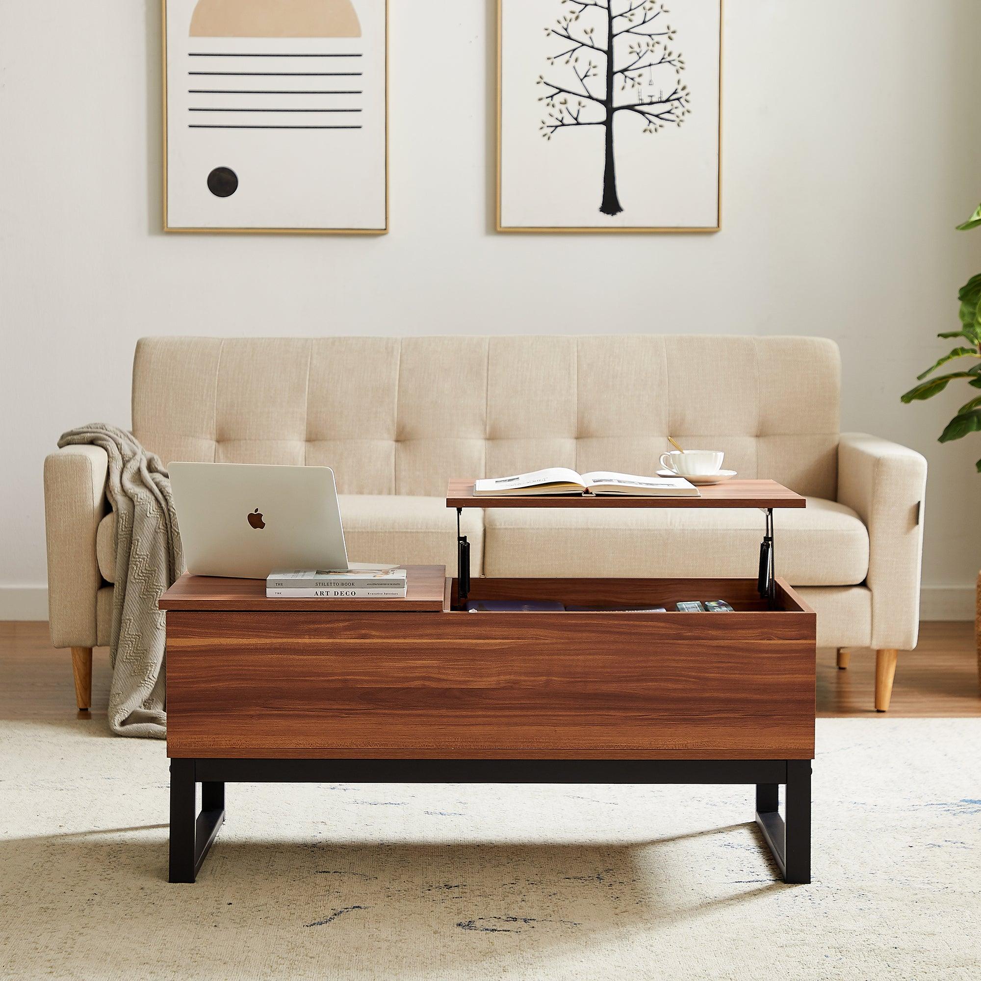 COFFEE TABLE,15 minutes quick assemble,computer table, wood grain color,steel/metel legs support, bigStorage space,Liftable and lowerable table top,young people's favorite image