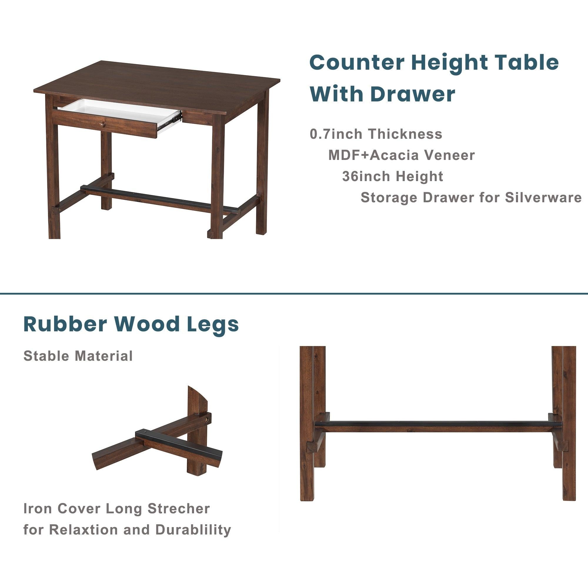 Casual Counter Height Wood 5-Piece Dining Table Set with 4 Upholstered Chairs and 1Storage Drawer, Walnut+Beige