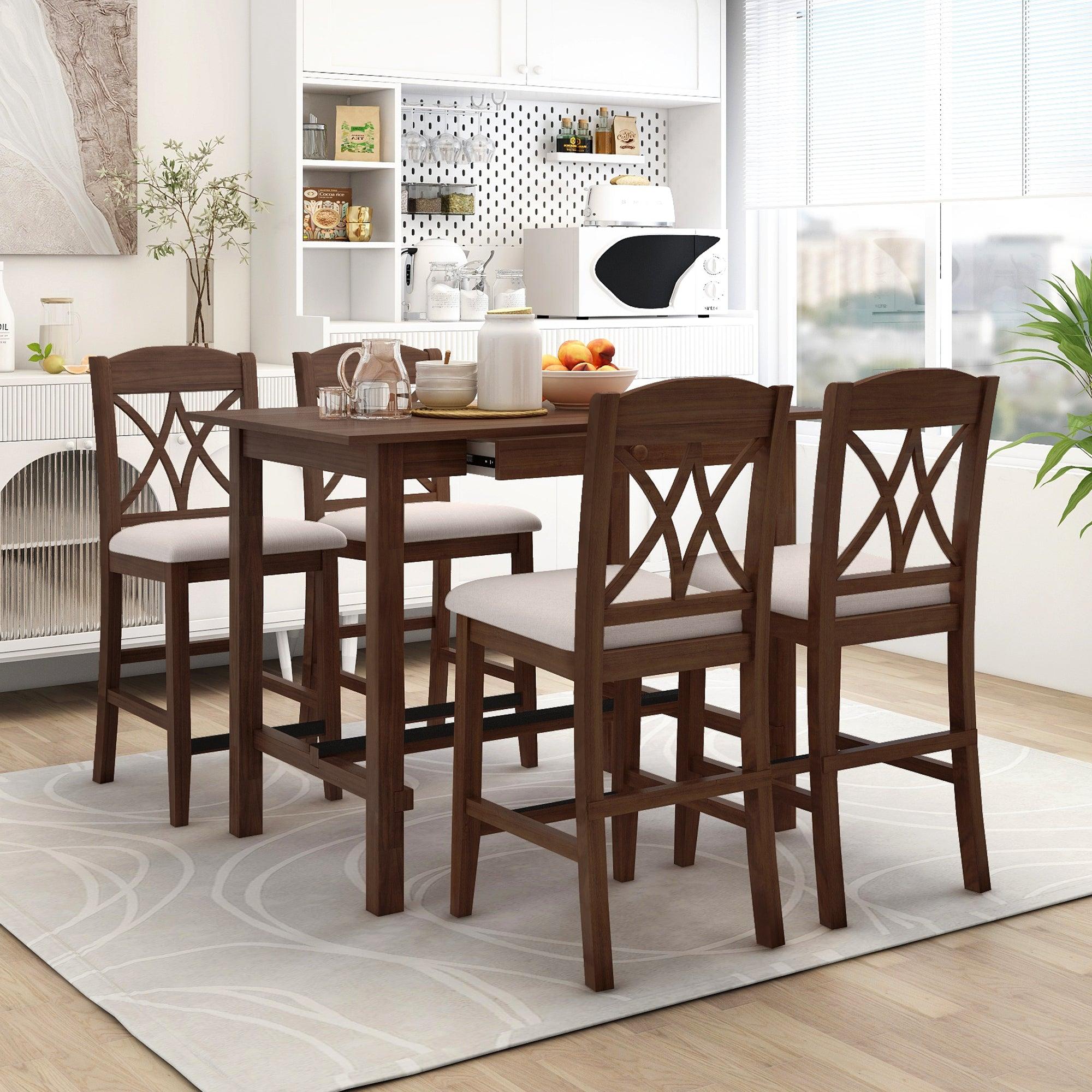 Casual Counter Height Wood 5-Piece Dining Table Set with 4 Upholstered Chairs and 1Storage Drawer, Walnut+Beige image