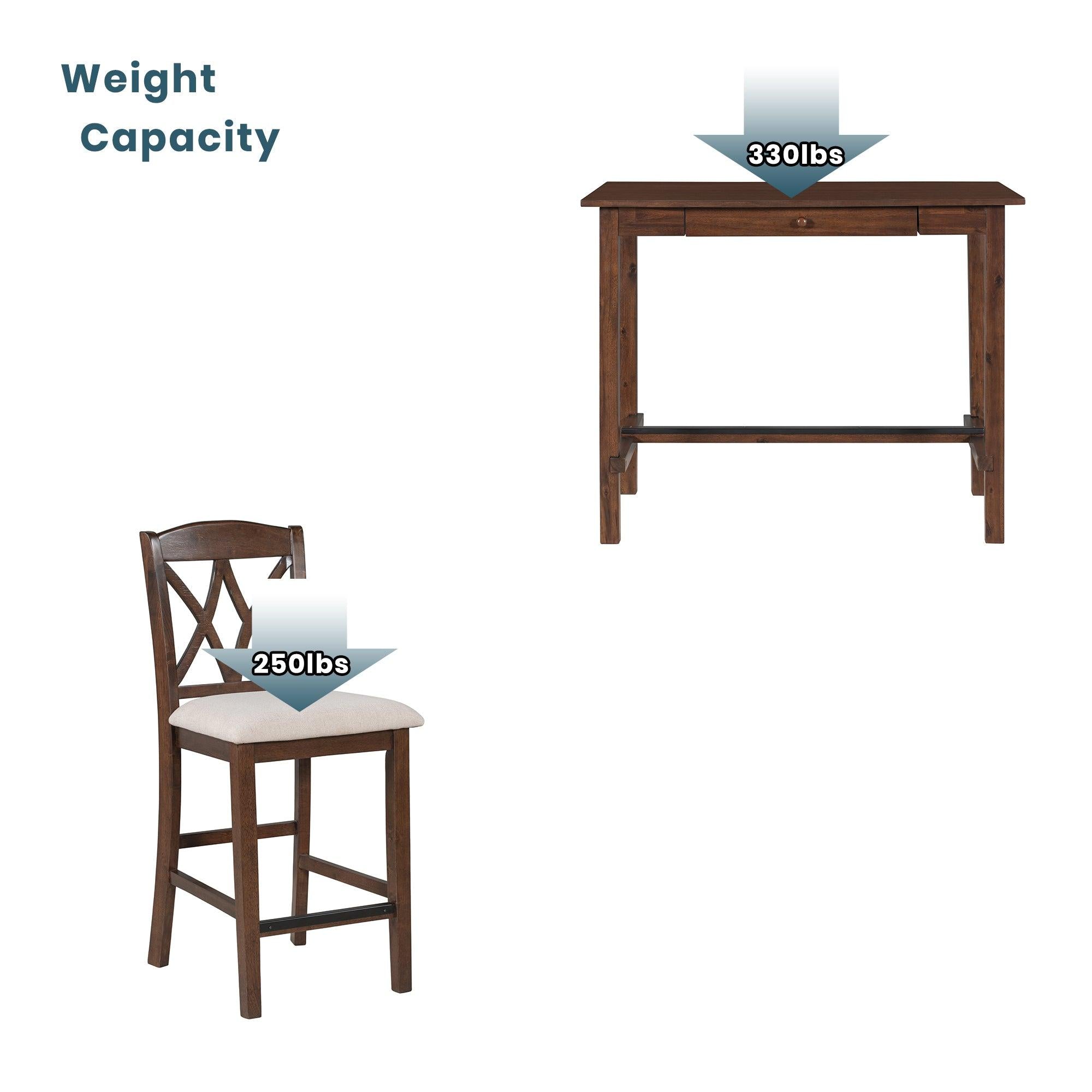 Casual Counter Height Wood 5-Piece Dining Table Set with 4 Upholstered Chairs and 1Storage Drawer, Walnut+Beige