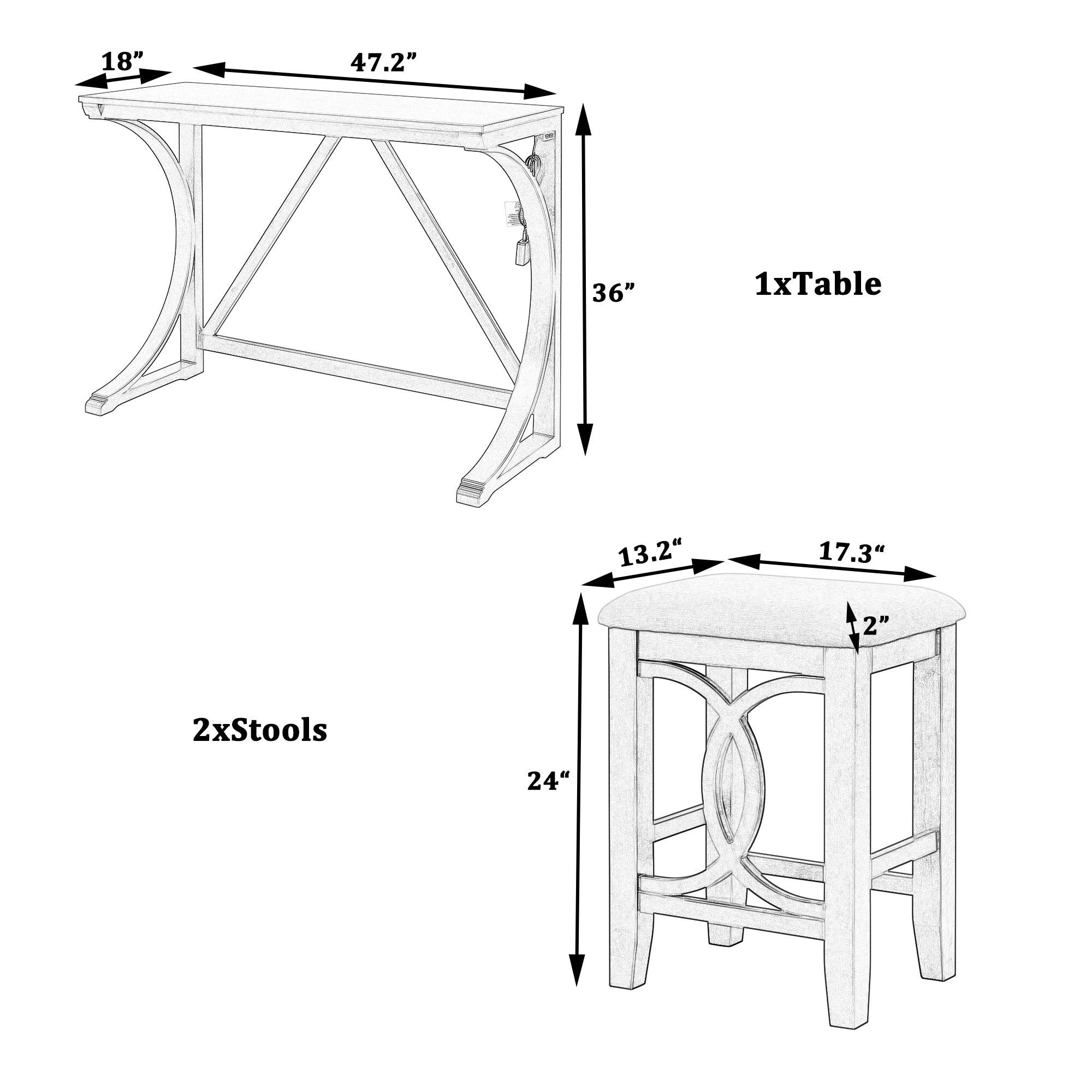 Farmhouse 3-Piece Counter Height Dining Table Set with USB Port and Upholstered Stools,Espresso