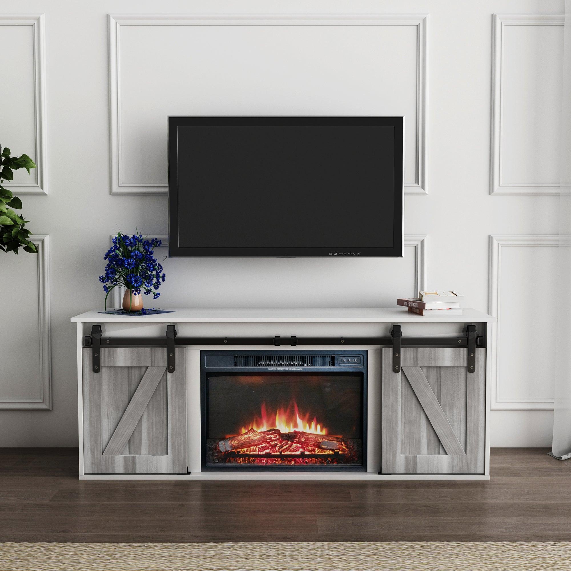 The television cabinet with an electronic fireplace，with Farmhouse Sliding Barn Door ,for TV up to +65 Inch Flat Screen Media Console TableStorage Cabinet Wood Entertainment Center Sturdy image