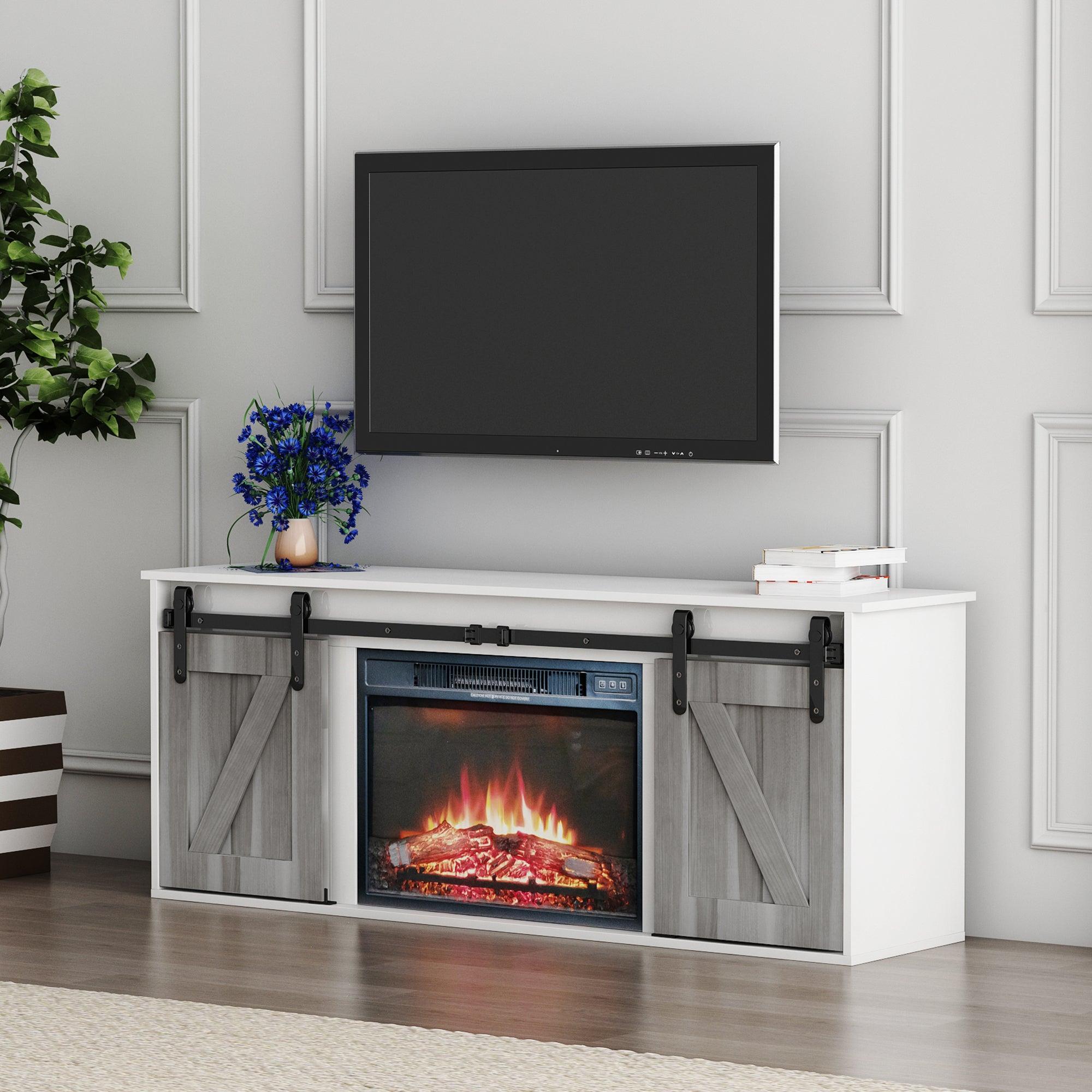 The television cabinet with an electronic fireplace，with Farmhouse Sliding Barn Door ,for TV up to +65 Inch Flat Screen Media Console TableStorage Cabinet Wood Entertainment Center Sturdy