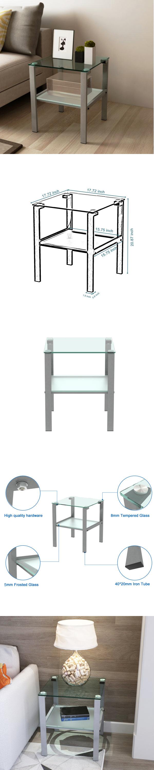 Glass two layer tea table, small round table, bedroom corner table, living room grey side table