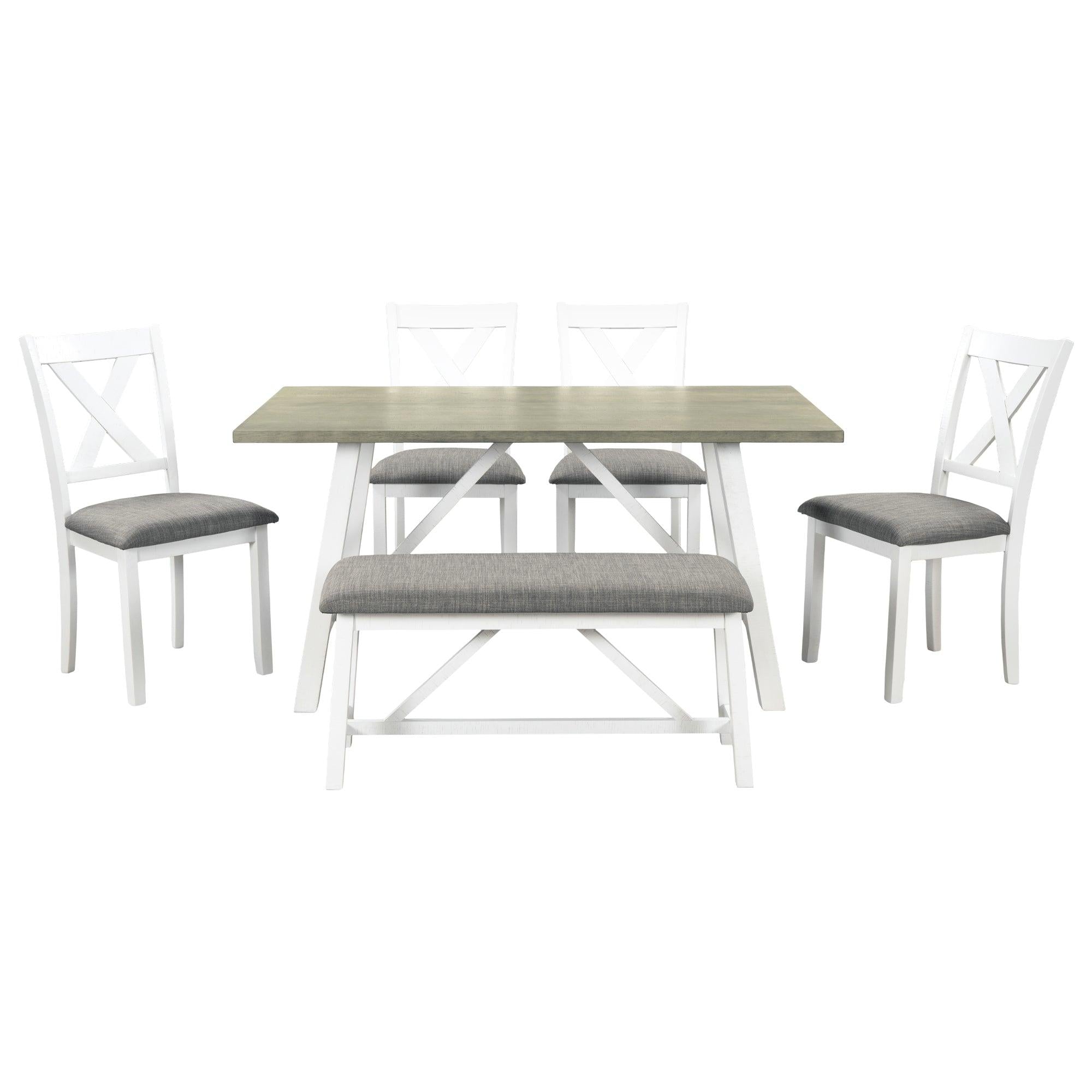 6 Piece Dining Table Set Wood Dining Table and chair Kitchen Table Set with Table, Bench and 4 Chairs, Rustic Style,White+Gray