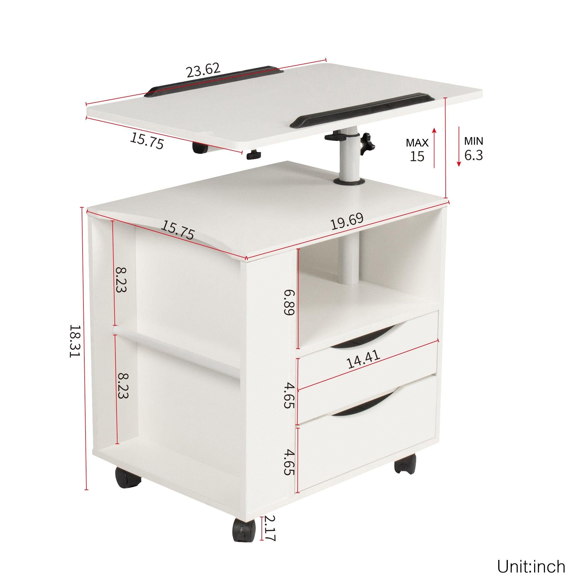 Height Adjustable Overbed End Table Wooden Nightstand with Swivel Top,Storage Drawers, Wheels and Open Shelf,(White)