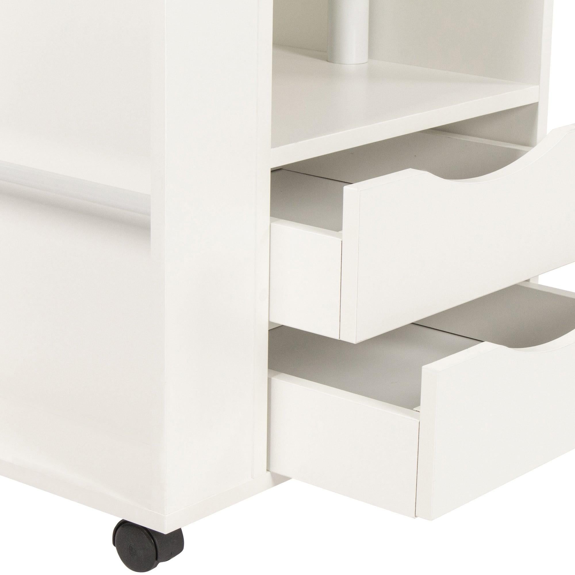 Height Adjustable Overbed End Table Wooden Nightstand with Swivel Top,Storage Drawers, Wheels and Open Shelf,(White)