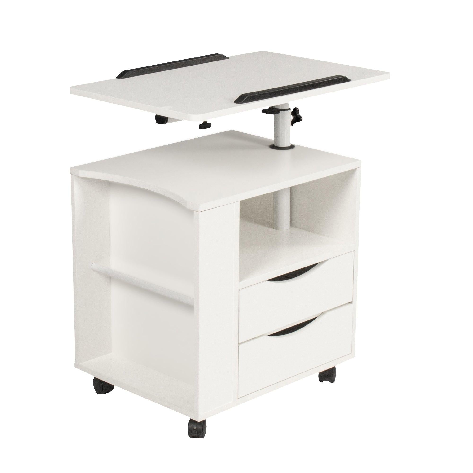 Height Adjustable Overbed End Table Wooden Nightstand with Swivel Top,Storage Drawers, Wheels and Open Shelf,(White)