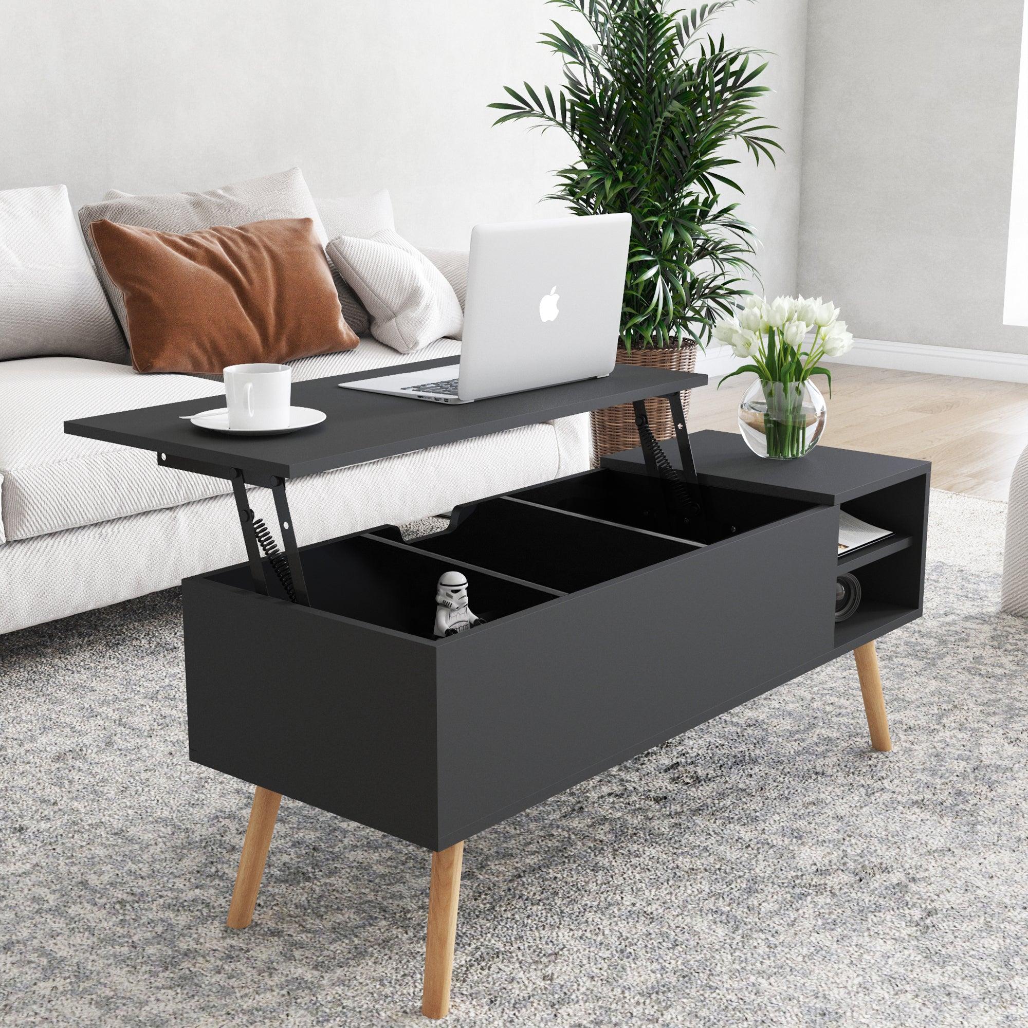 Coffee table, computer table, black, solid wood leg rest, largeStorage space, can be raised and lowered desktop