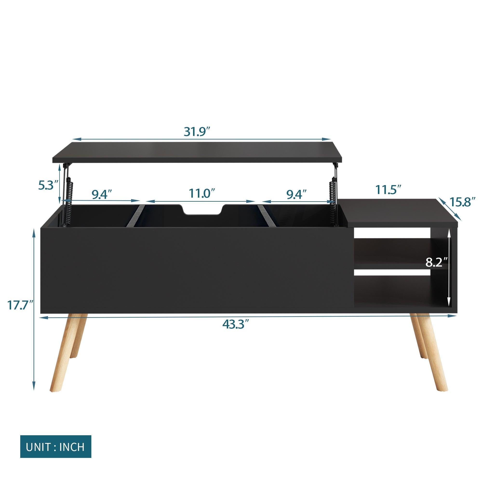 Coffee table, computer table, black, solid wood leg rest, largeStorage space, can be raised and lowered desktop