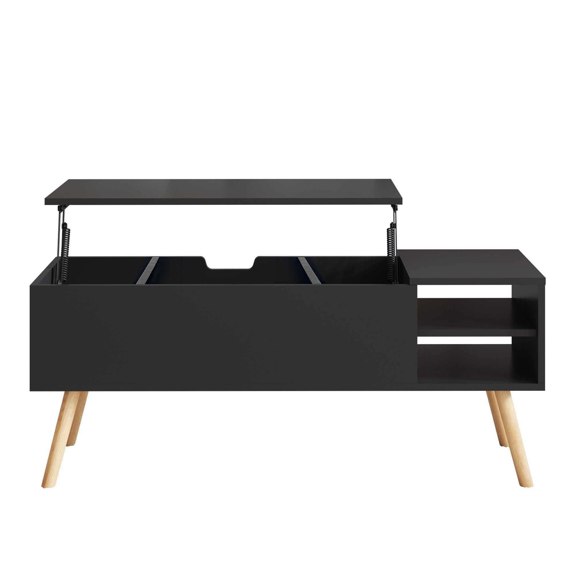 Coffee table, computer table, black, solid wood leg rest, largeStorage space, can be raised and lowered desktop