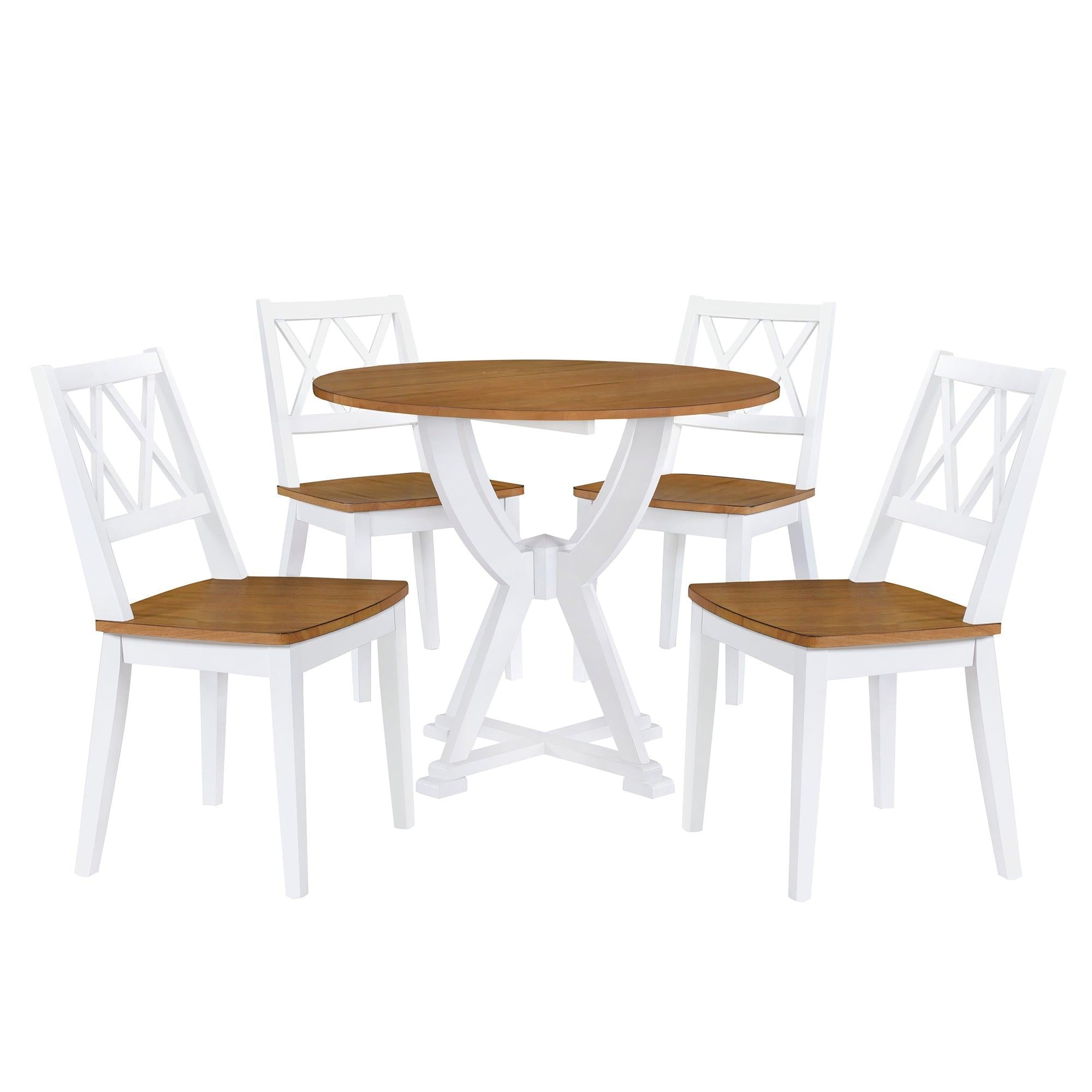 Mid-Century 5-Piece Round Dining Table Set with Trestle Legs and 4 Cross Back Dining Chairs, Antique Oak+White