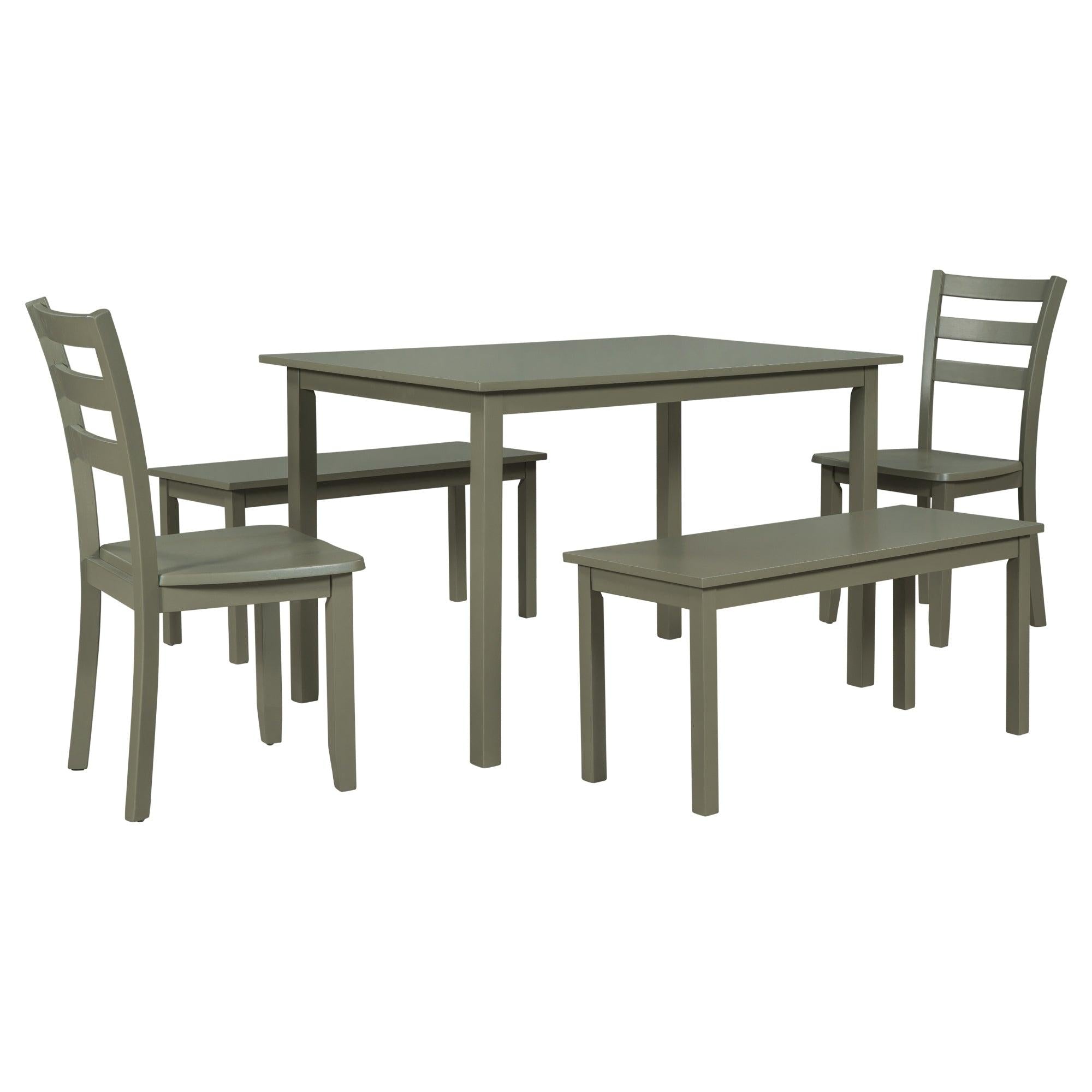 5-piece Wooden Dining Set, Kitchen Table with 2 Dining Chairs and 2 Benches, Farmhouse Rustic Style, Green