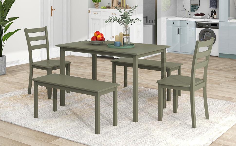 5-piece Wooden Dining Set, Kitchen Table with 2 Dining Chairs and 2 Benches, Farmhouse Rustic Style, Green