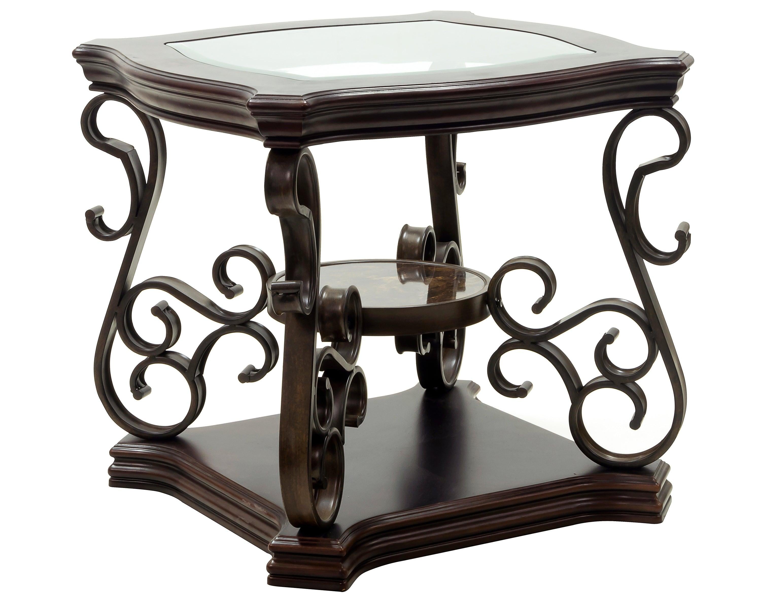 End table,  Glass table top, MDF W/marble paper middle shelf, powder coat finish metal legs. (26.3"Lx26.3"Wx24"H)