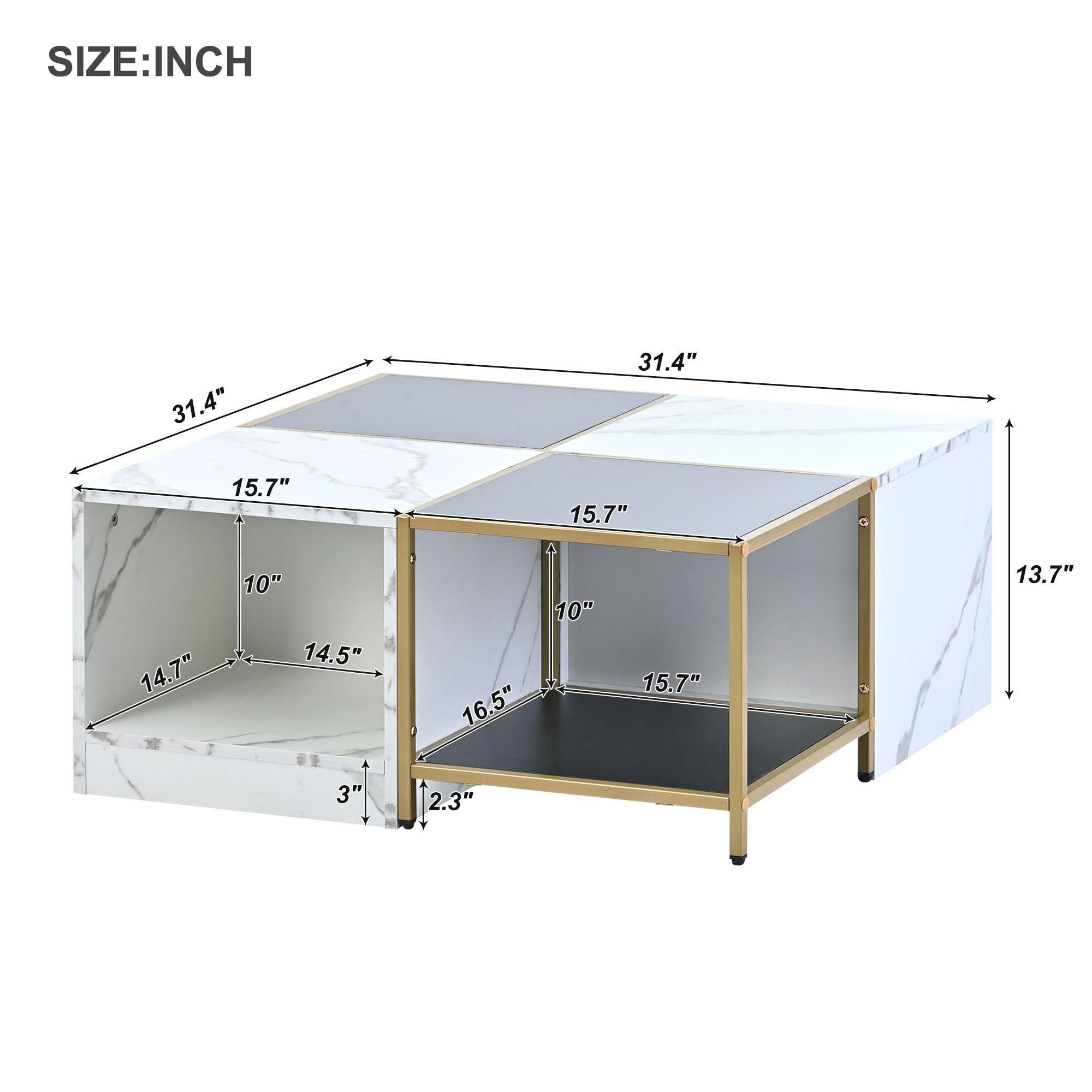 2-layerModern Coffee Table with Metal Frame, Cocktail Table with High Gloss White Marble Finish, Simply Assemble Square Corner Tables for Living Room, 31.5”x 31.5”