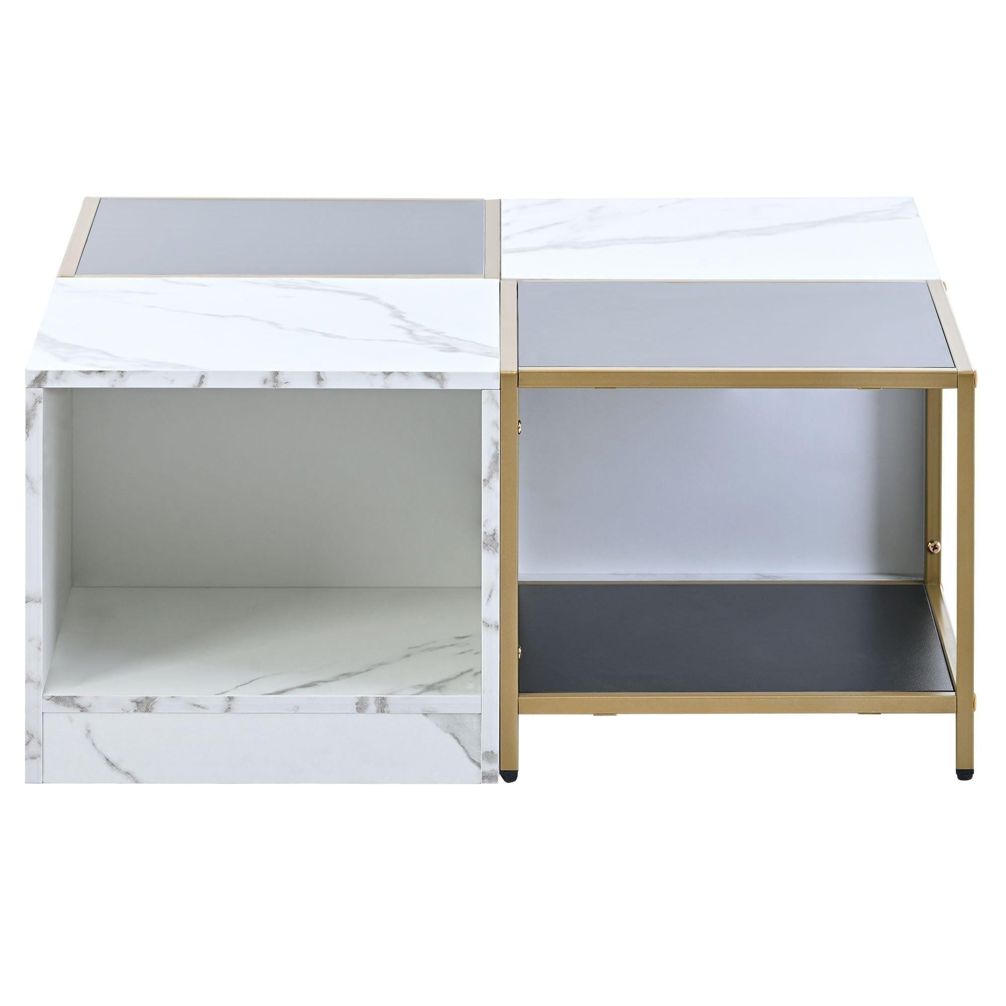 2-layerModern Coffee Table with Metal Frame, Cocktail Table with High Gloss White Marble Finish, Simply Assemble Square Corner Tables for Living Room, 31.5”x 31.5”