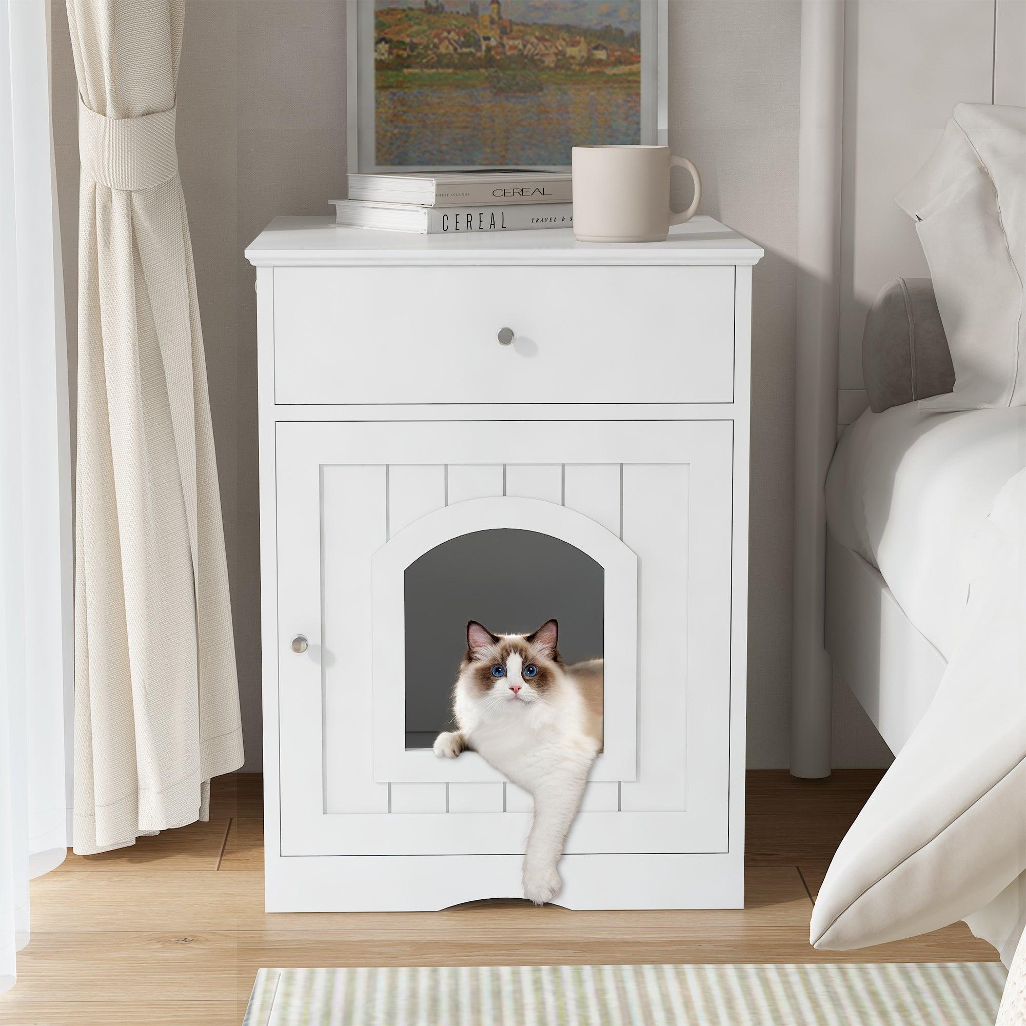 Wooden Pet House Cat Litter Box Enclosure with Drawer, Side Table, Indoor Pet Crate, Cat Home Nightstand (White)