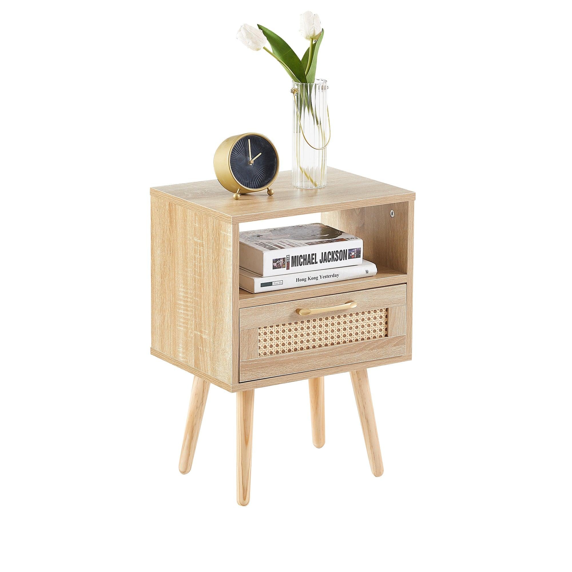 15.75" Rattan End table with  drawer and solid wood legs,Modern nightstand, side table for living roon, bedroom,natural