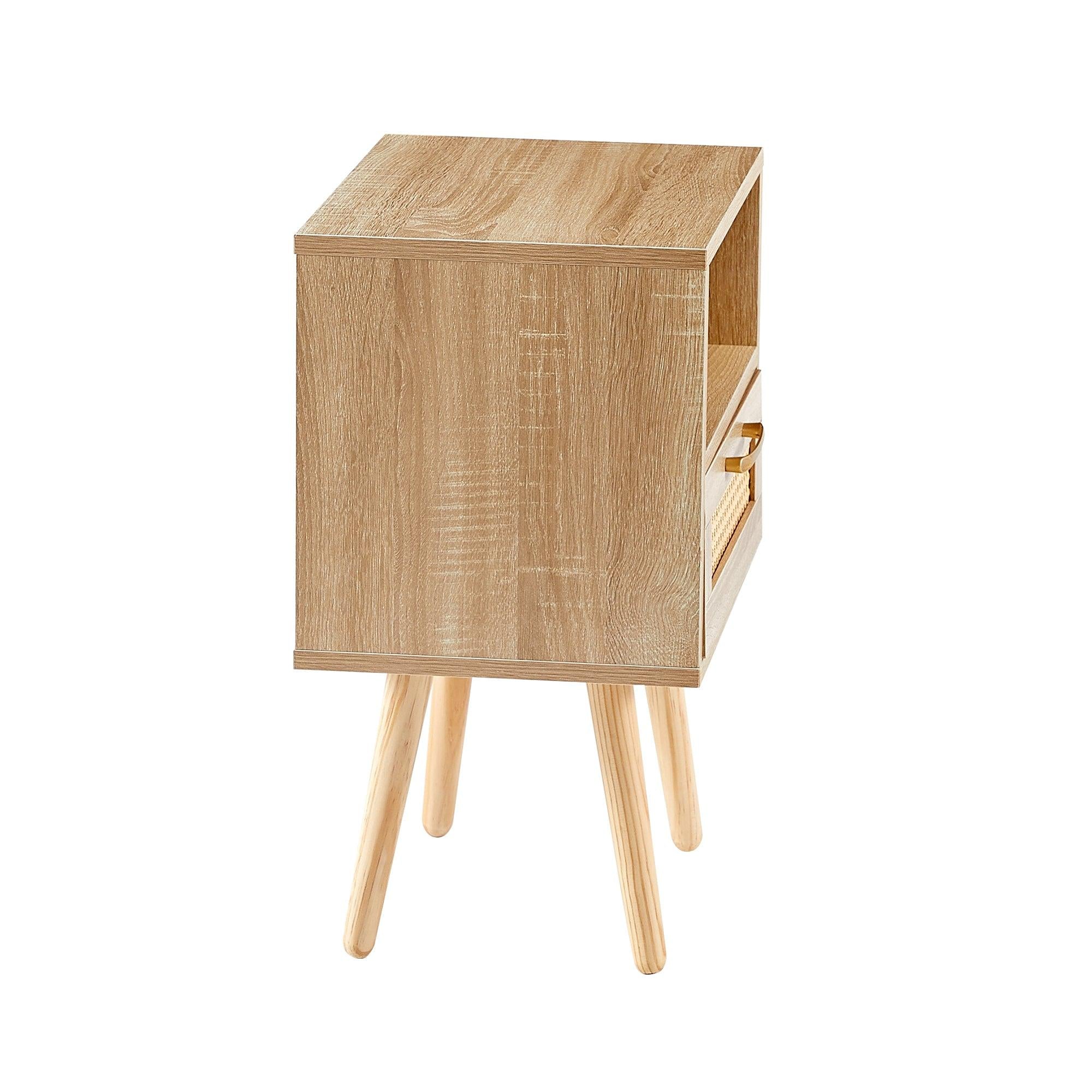 15.75" Rattan End table with  drawer and solid wood legs,Modern nightstand, side table for living roon, bedroom,natural