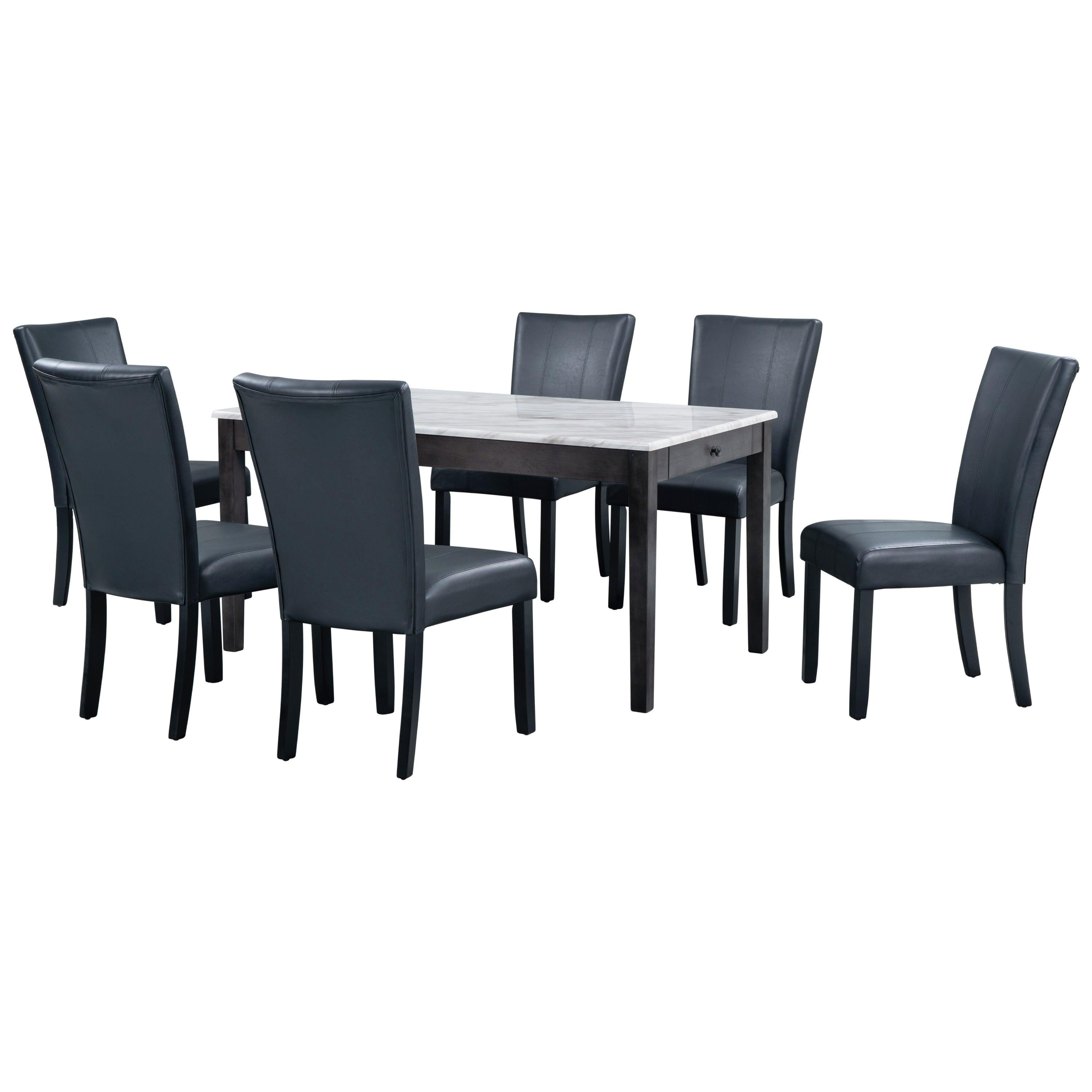 7-piece Dining Table with 2 drawers, table :59.7”x34.5”x30”, chair: 20.5”x26.3”x38.5”,Black