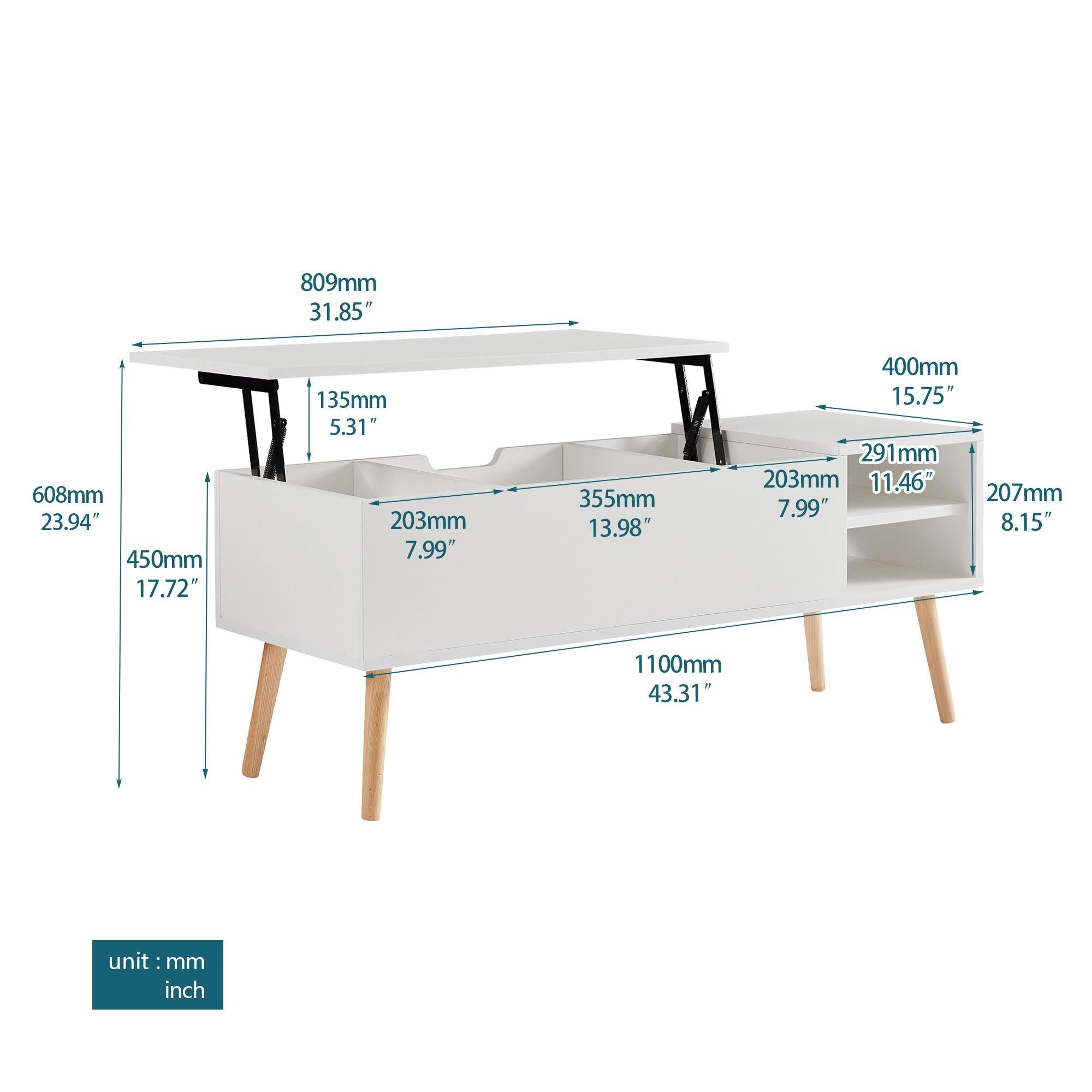 Coffee table, computer table, white, solid wood leg rest, largeStorage space, can be raised and lowered desktop