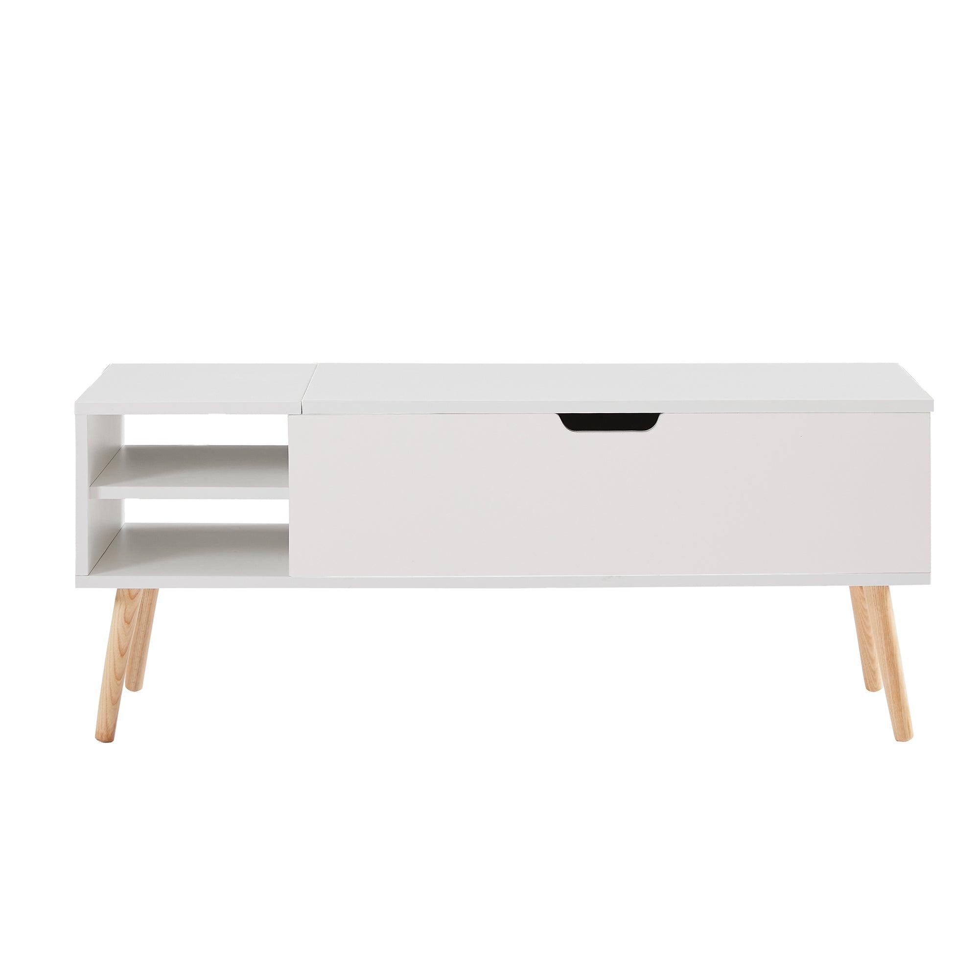 Coffee table, computer table, white, solid wood leg rest, largeStorage space, can be raised and lowered desktop