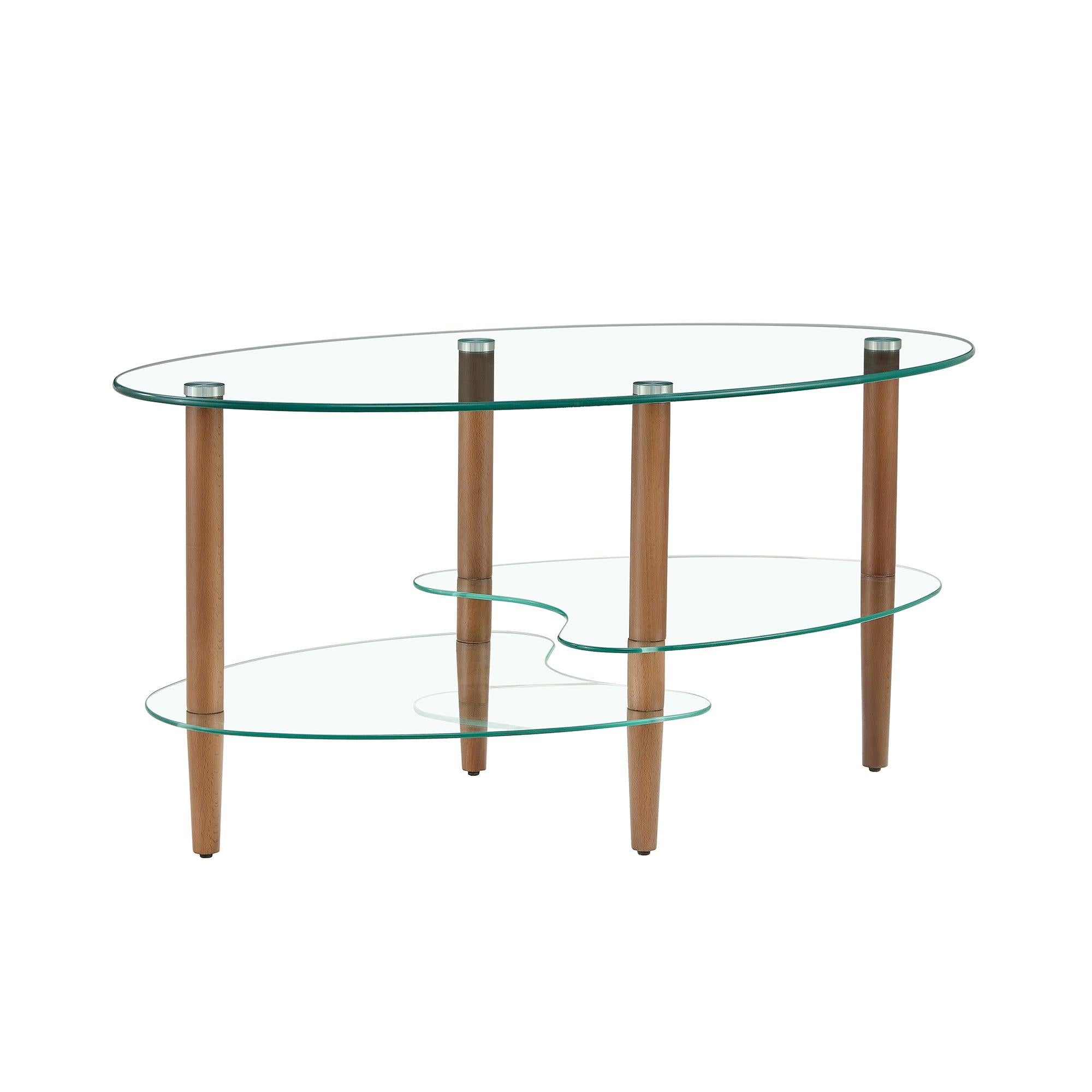 Transparent Oval glass coffee table,Modern table in living room Oak wood leg tea table 3-layer  glass table