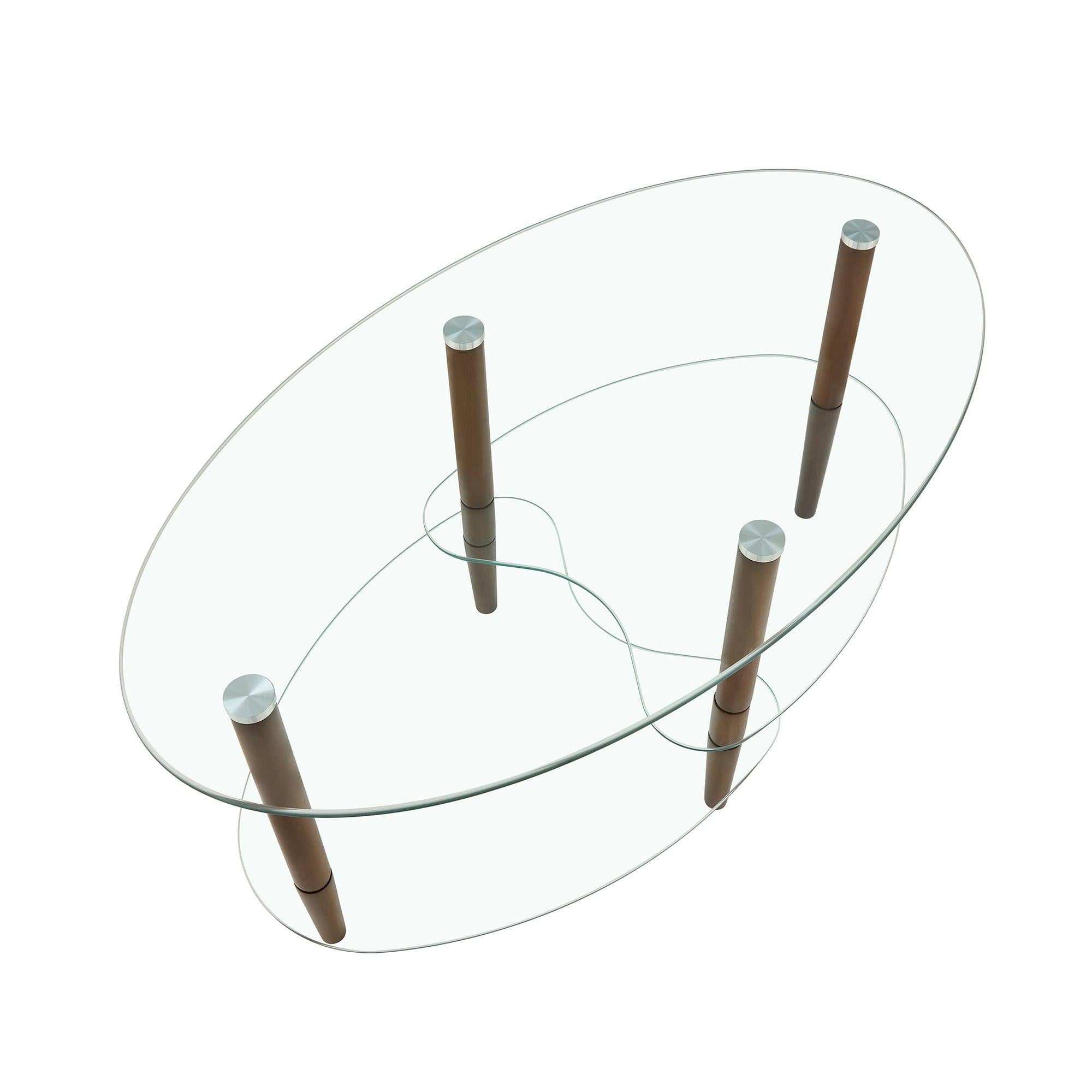 Transparent Oval glass coffee table,Modern table in living room Oak wood leg tea table 3-layer  glass table