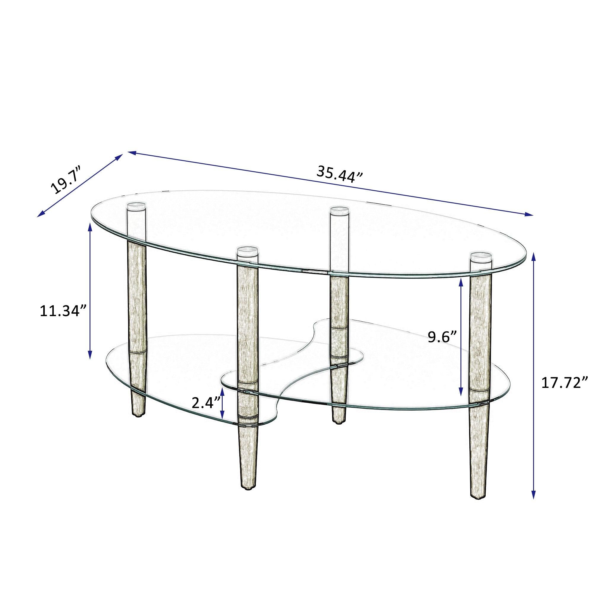 Transparent Oval glass coffee table,Modern table in living room Oak wood leg tea table 3-layer  glass table