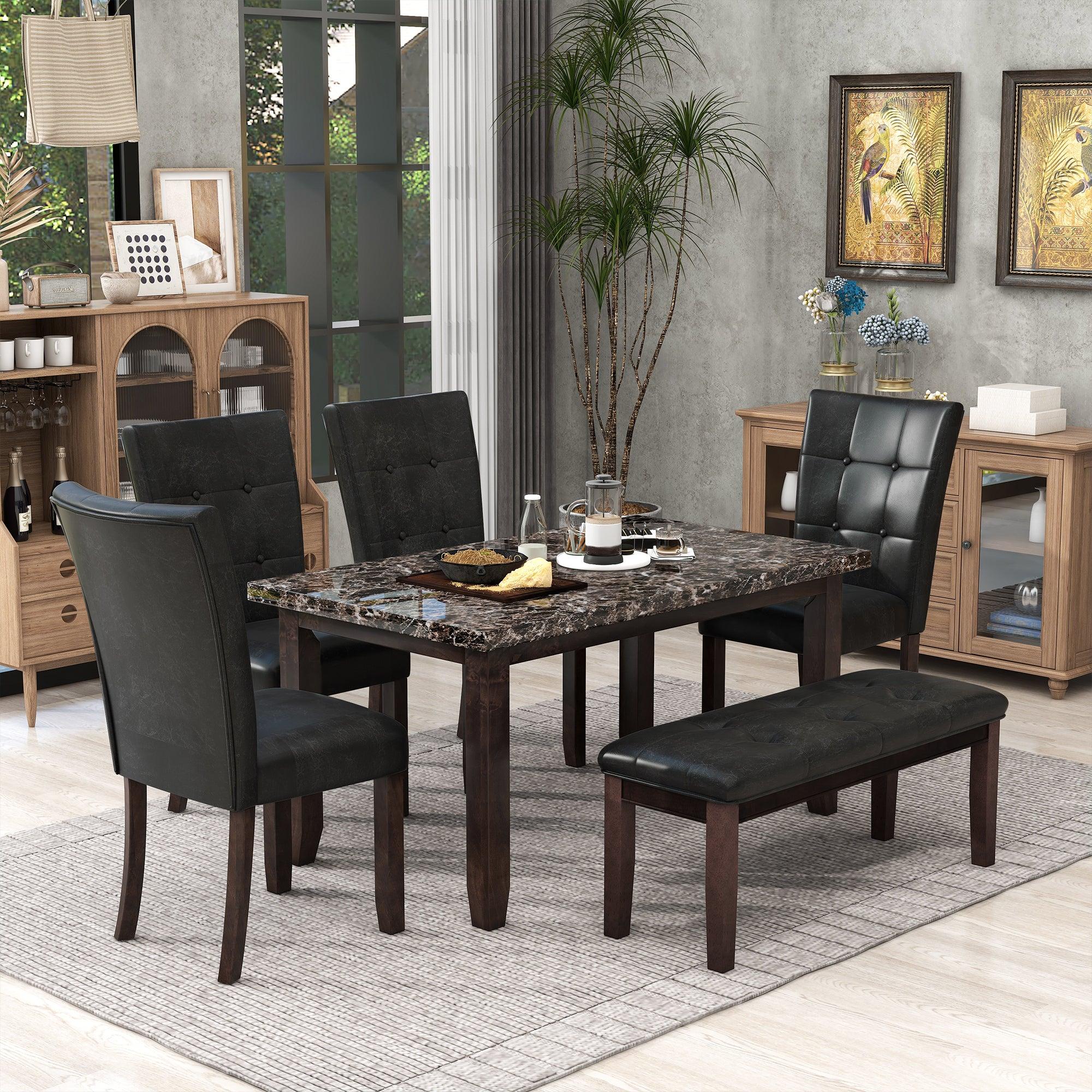 6-piece Faux Marble Dining Table Set  with one Faux Marble Dining Table ,4 Chairs and 1 Bench, Table: 66”x38”x 30”,Chair: 20.2”x28.5”x39”, Black