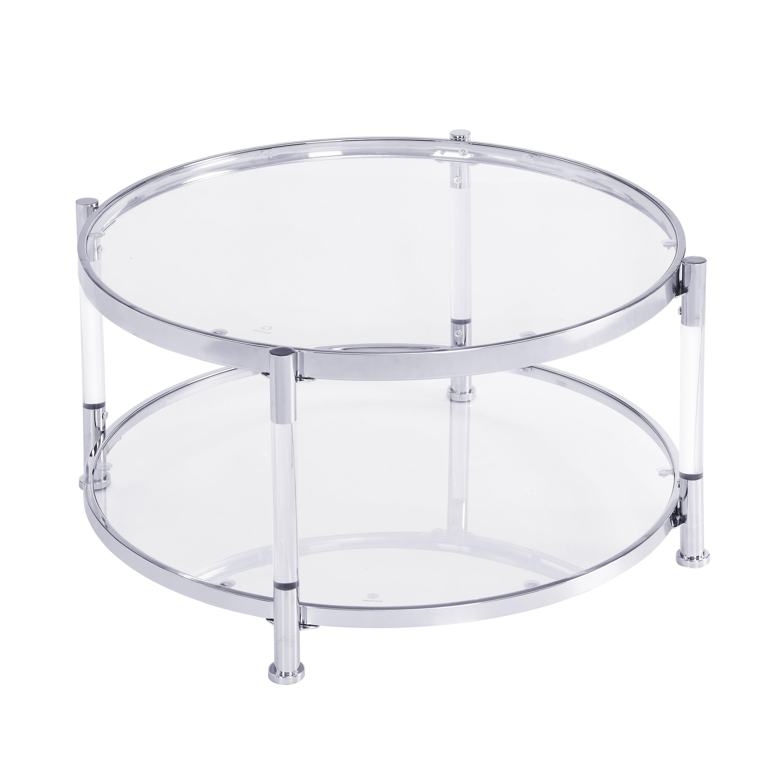 Contemporary Acrylic Coffee Table, 32.3'' Round Tempered Glass Coffee Table, Chrome/Silver  Coffee Table for Living Room