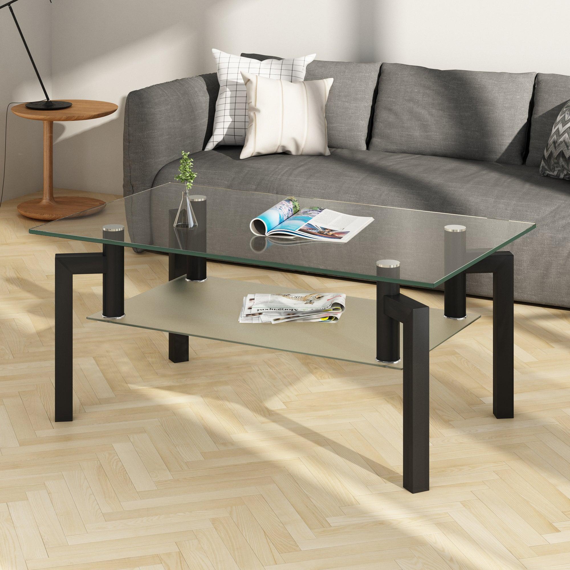 Rectangle Black Glass Coffee Table, Clear Coffee Table，Modern Side Center Tables for Living Room， Living Room Furniture