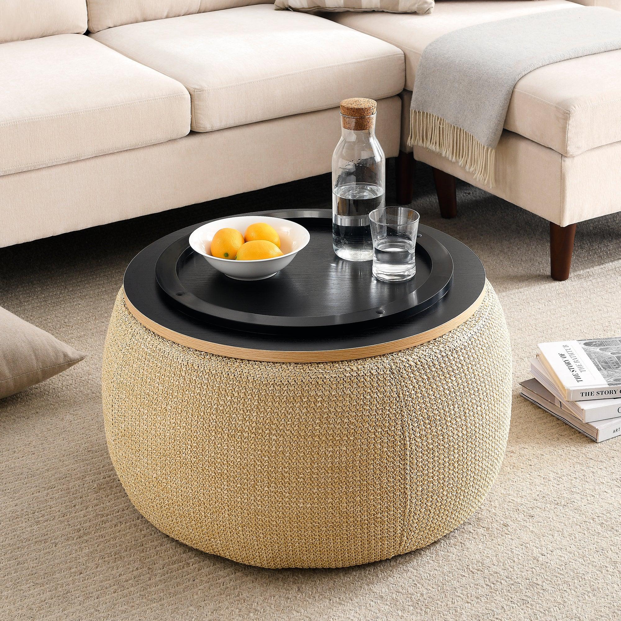 RoundStorage Ottoman, 2 in 1 Function, Work as End table and Ottoman, Natural (25.5"x25.5"x14.5")