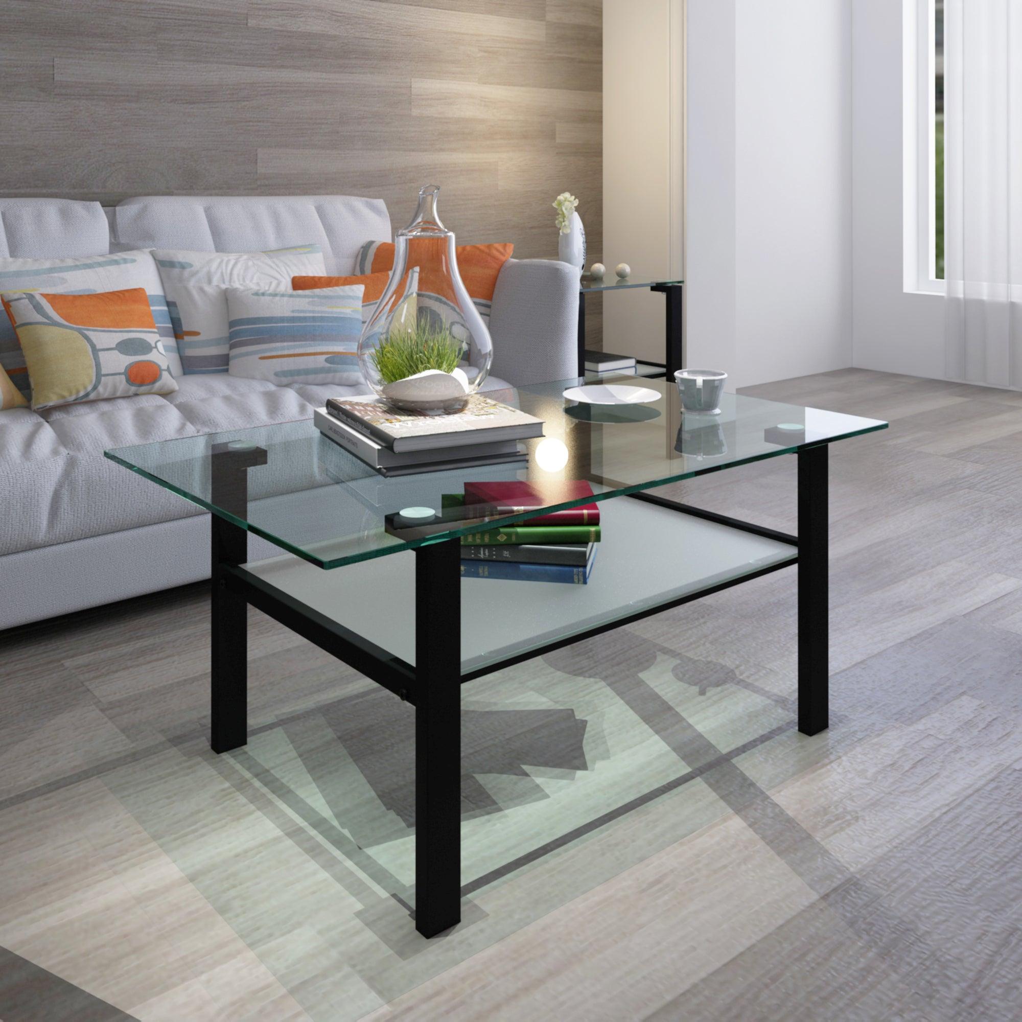 Transparent glass black coffee table,Modern simple, living room coffee table, side center table