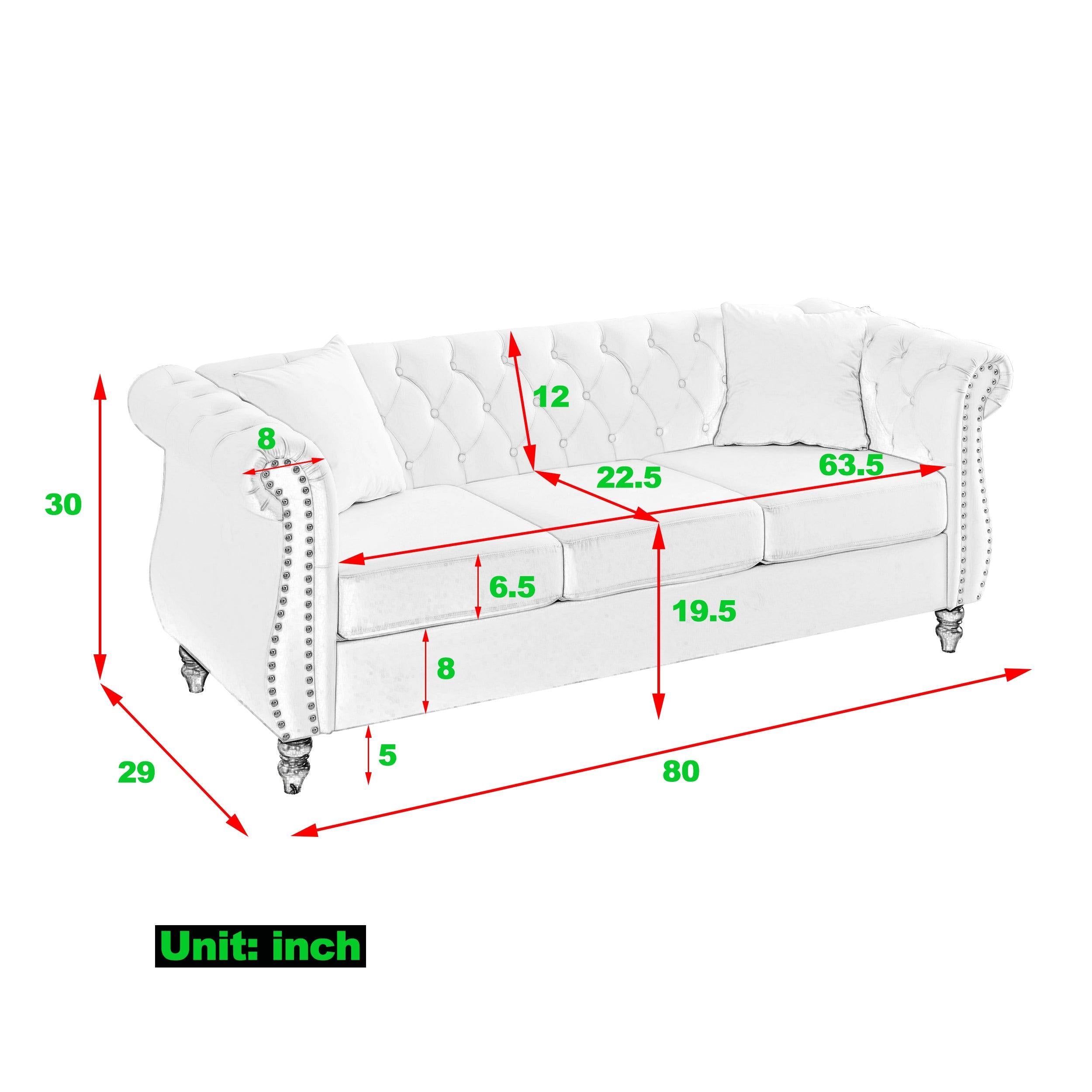 80" Chesterfield Sofa Grey Velvet for Living Room, 3 Seater Sofa Tufted Couch with Rolled Arms and Nailhead for Living Room, Bedroom, Office, Apartment, two pillows