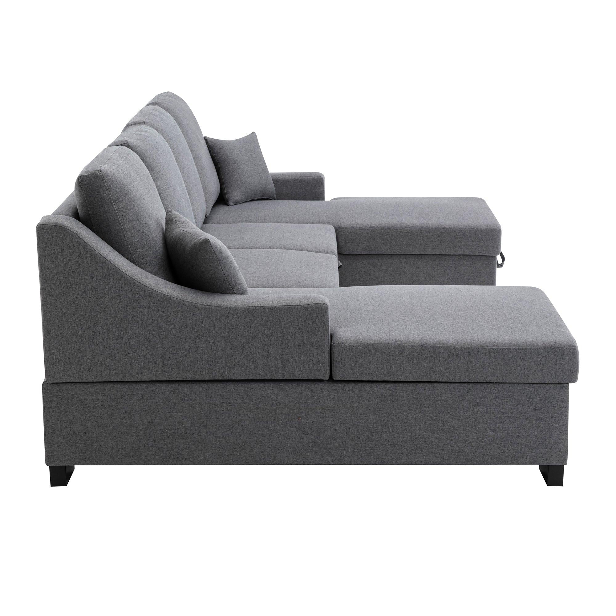 Upholstery Sleeper Sectional Sofa with DoubleStorage Spaces, 2 Tossing Cushions, Grey