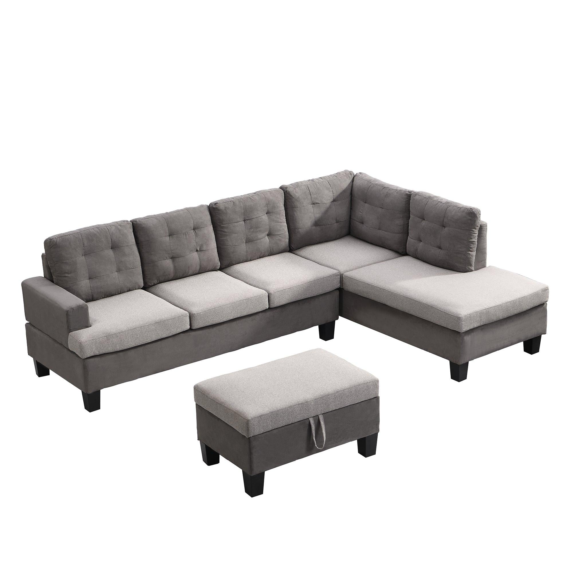 Sofa Set  for Living Room with Chaise Lounge andStorage Ottoman Living Room Furniture  Gray