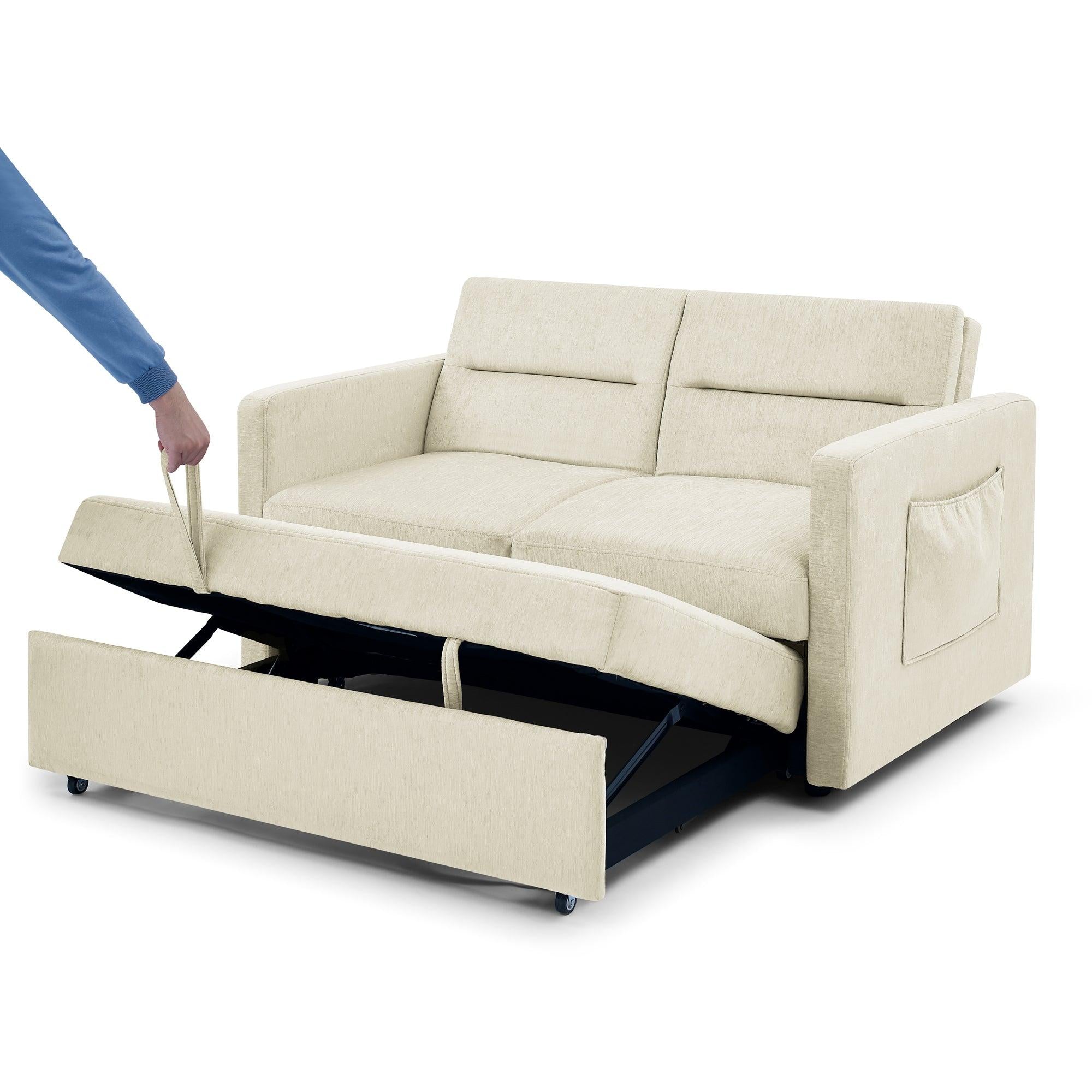 Loveseats Sofa Bed with Pull-out Bed，Adjsutable Back and Two Arm Pocket，Beige （54.5“x33”x31.5“）