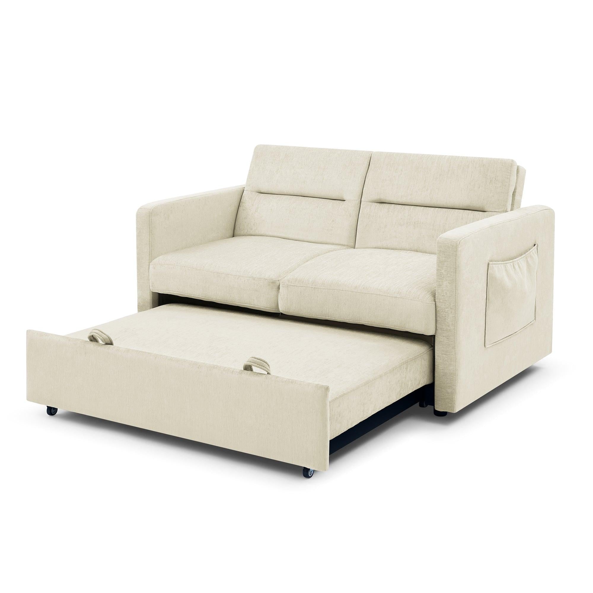 Loveseats Sofa Bed with Pull-out Bed，Adjsutable Back and Two Arm Pocket，Beige （54.5“x33”x31.5“）