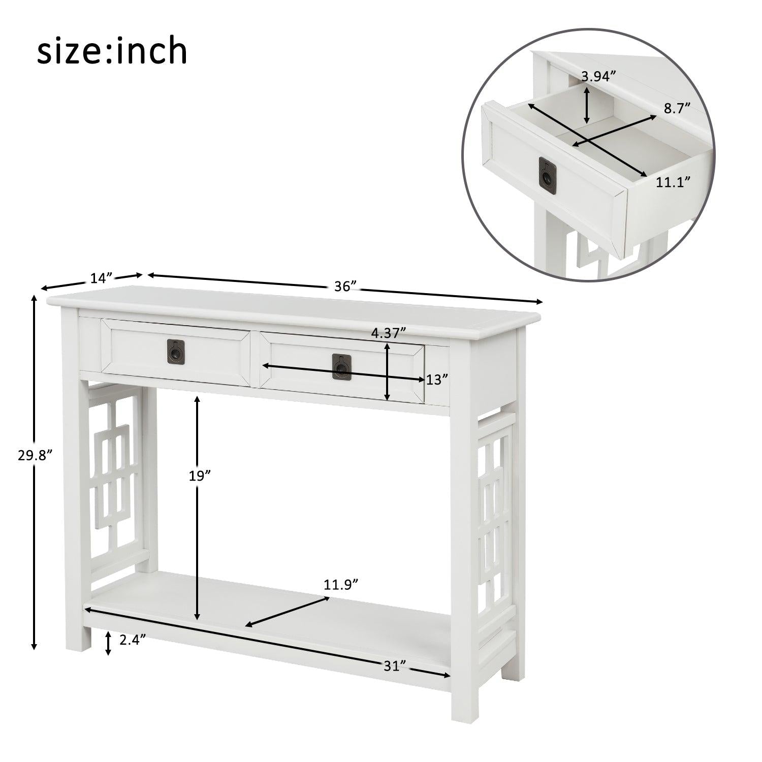 Console Table with 2 Drawers and Bottom Shelf, Entryway Accent Sofa Table (White)