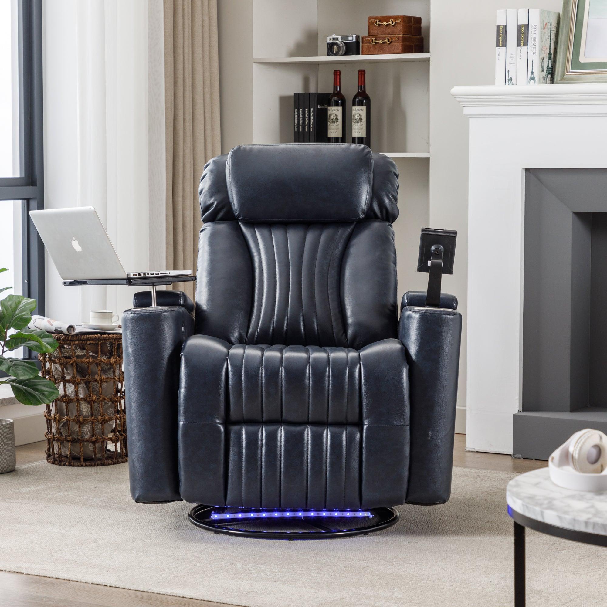 270° Power Swivel Recliner,Home Theater Seating With Hidden ArmStorage and  LED Light Strip,Cup Holder,360° Swivel Tray Table,and Cell Phone Holder,Soft Living Room Chair,Blue