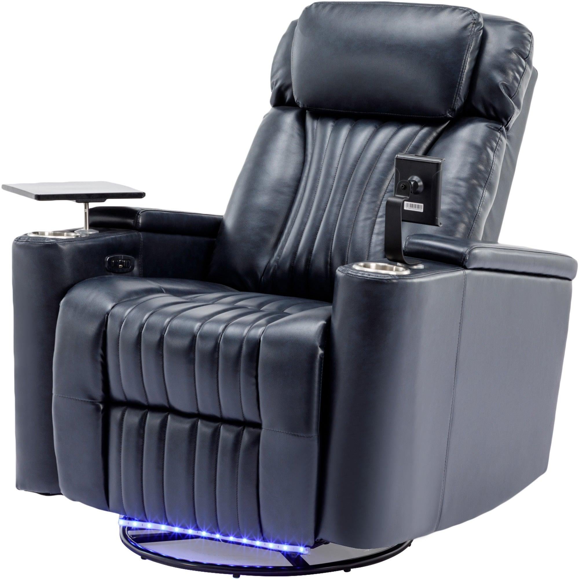 270° Power Swivel Recliner,Home Theater Seating With Hidden ArmStorage and  LED Light Strip,Cup Holder,360° Swivel Tray Table,and Cell Phone Holder,Soft Living Room Chair,Blue