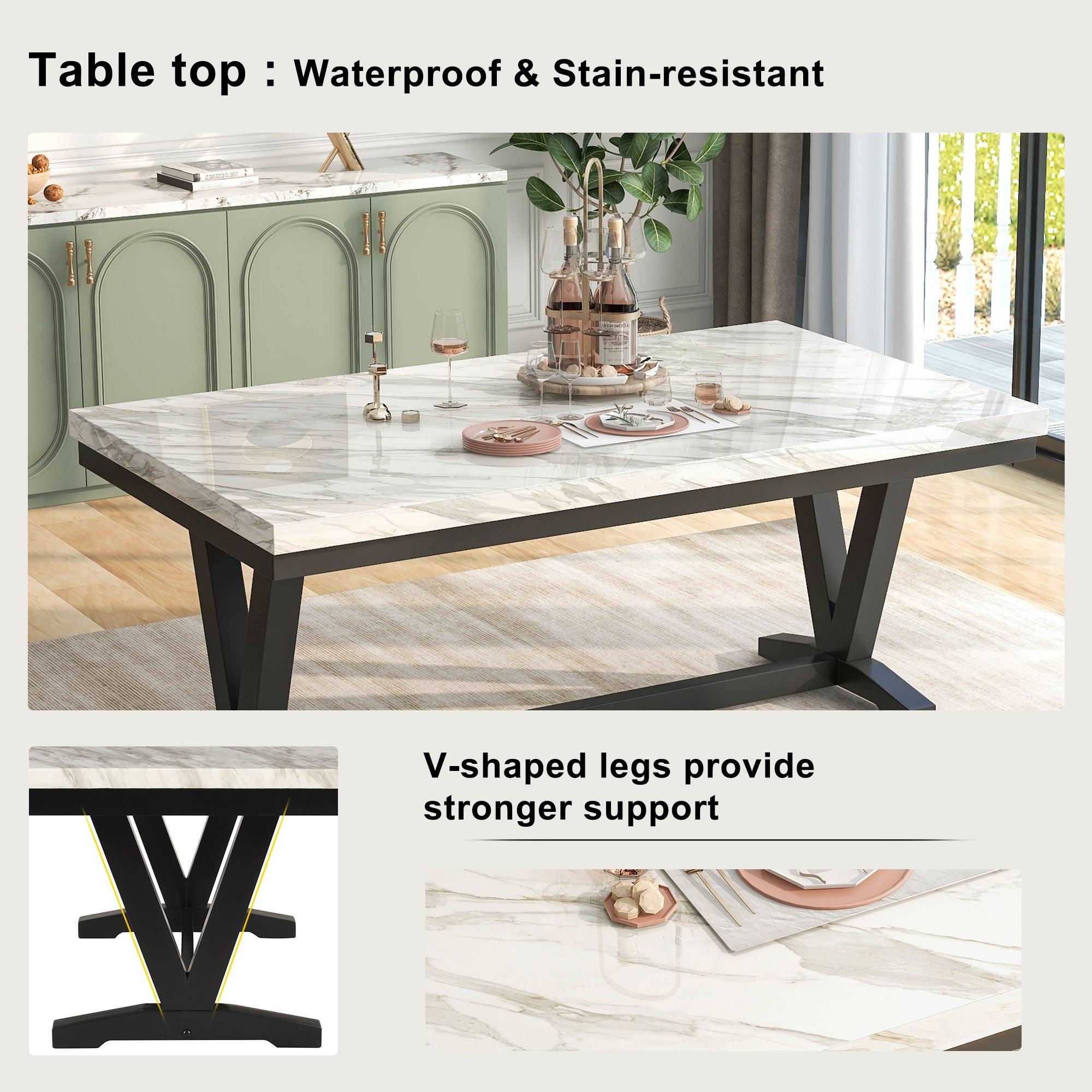 6-piece Dining Table Set with 1 Faux Marble Top Table,4 Upholstered Seats and 1 Bench,Table: 72in.Lx42in.Wx30in.H, Chair: 19.75in.Lx21.25in.Wx38.25in.H, Bench:46in.Lx16in.Wx20in.H.