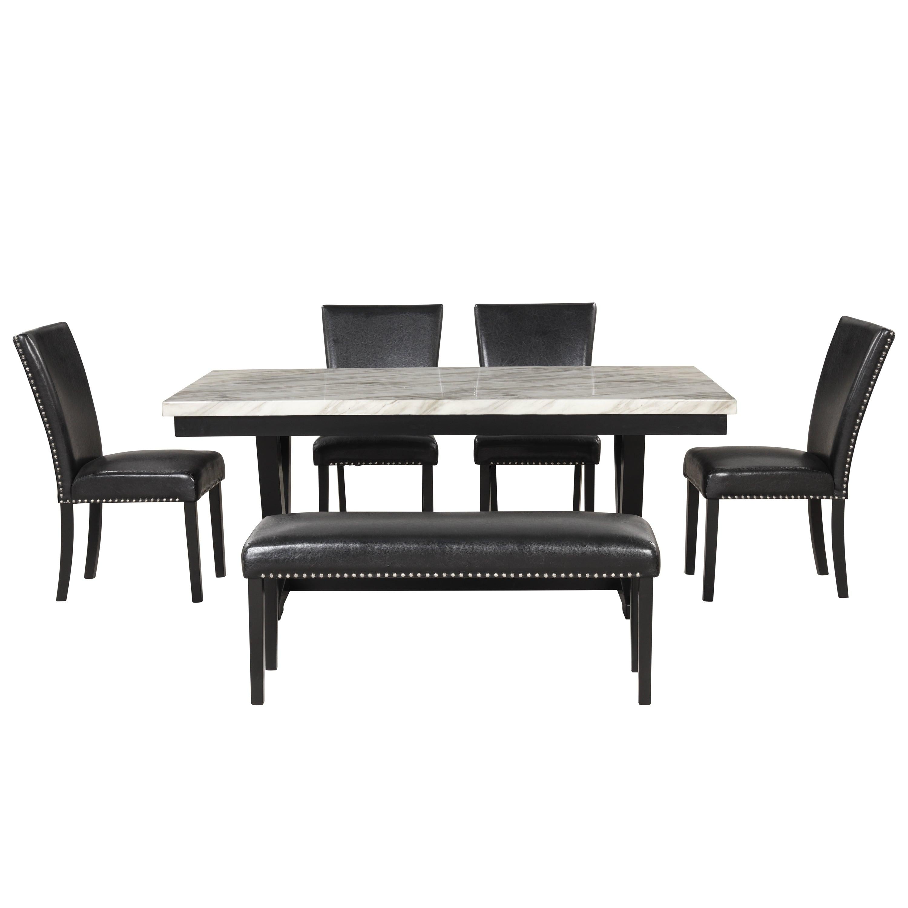 6-piece Dining Table Set with 1 Faux Marble Top Table,4 Upholstered Seats and 1 Bench,Table: 72in.Lx42in.Wx30in.H, Chair: 19.75in.Lx21.25in.Wx38.25in.H, Bench:46in.Lx16in.Wx20in.H.