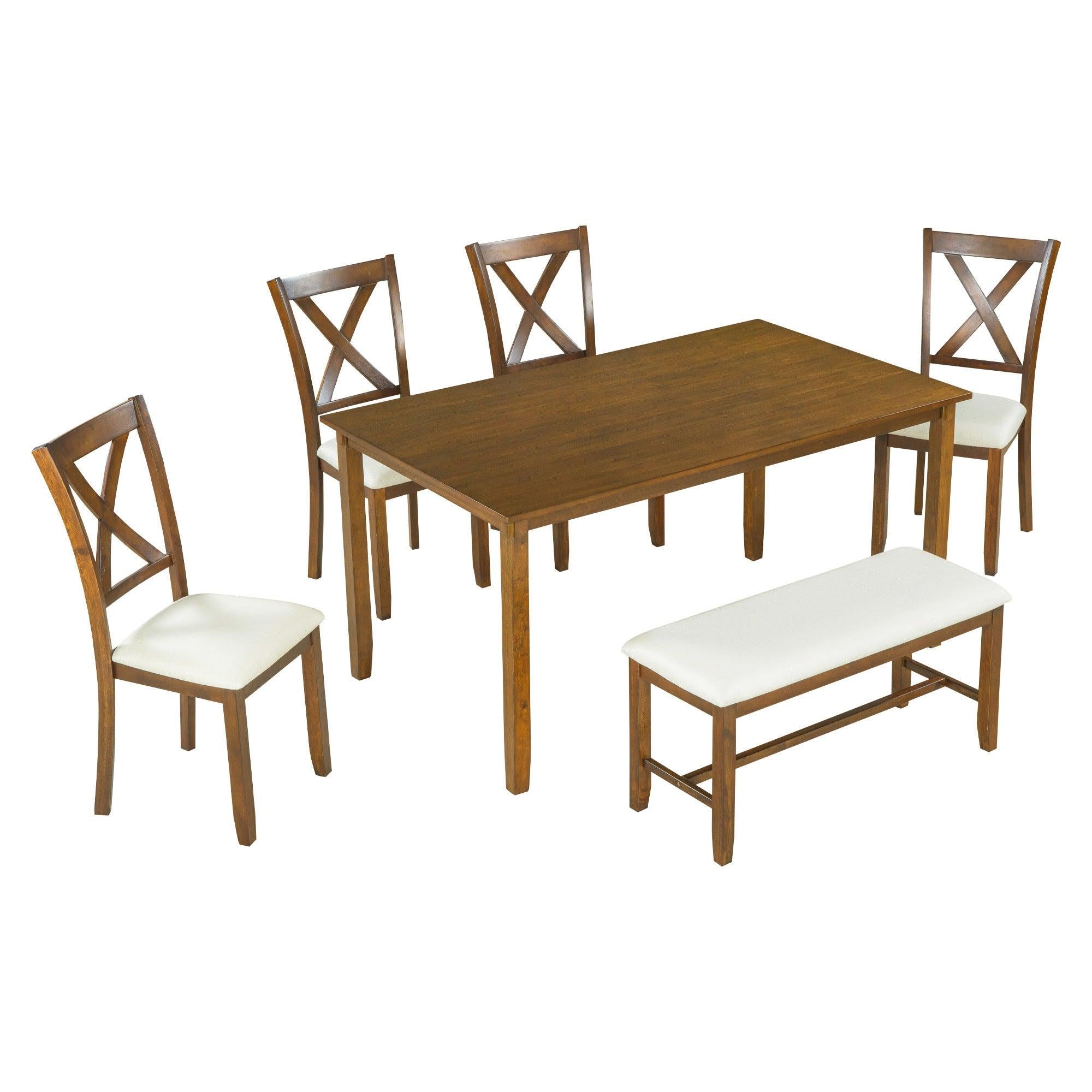 6-Piece Kitchen Dining Table Set Wooden Rectangular Dining Table, 4 Fabric Chairs and Bench Family Furniture (Natural Cherry)