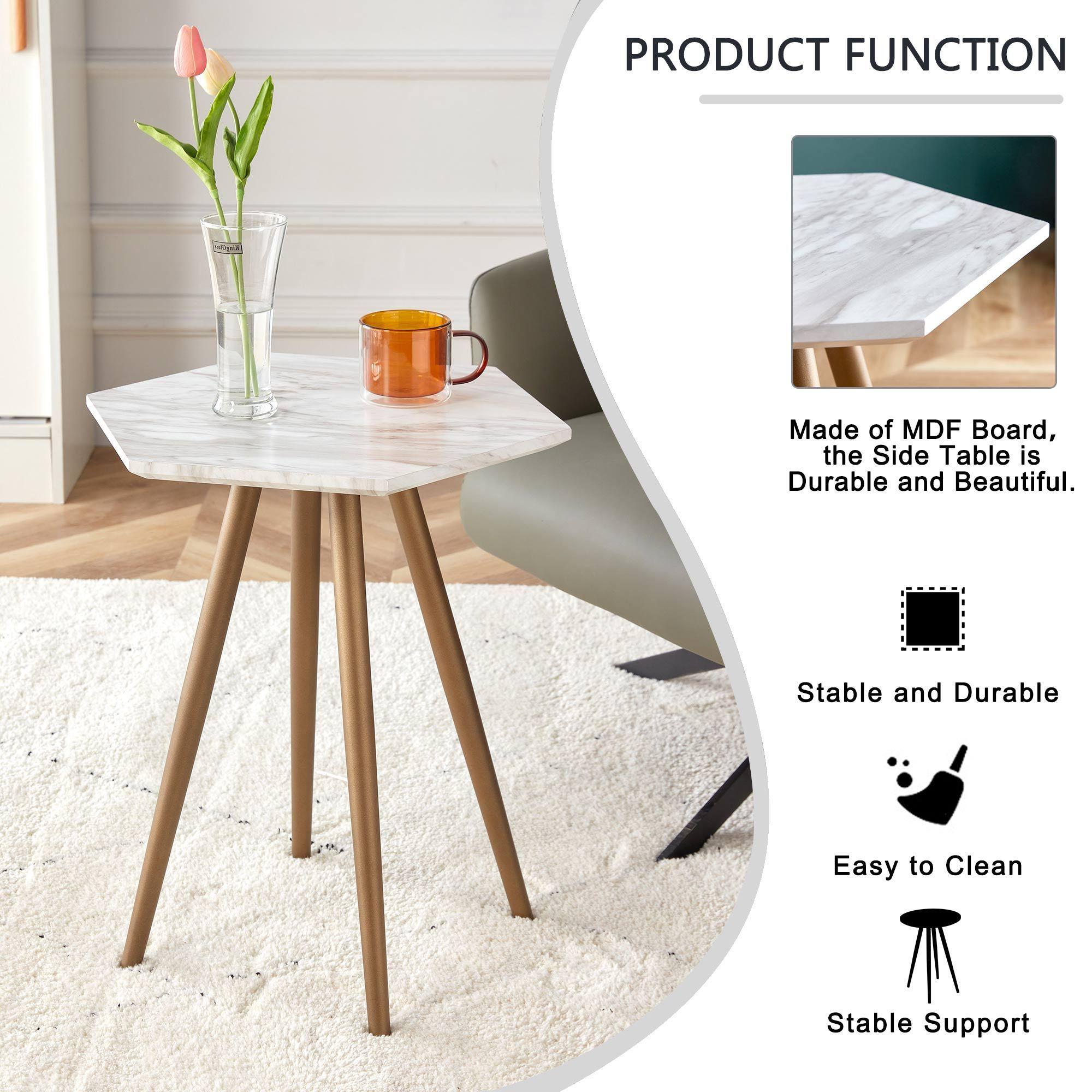 Modern Minimalism White Faux Marble End&Side Table, Small Accent Coffee Table with Dark ld Metal Legs, Hexan Nightstand for Living Room,Bedroom, Apartment Small Space ( MDF Tabletop + Metal Legs )