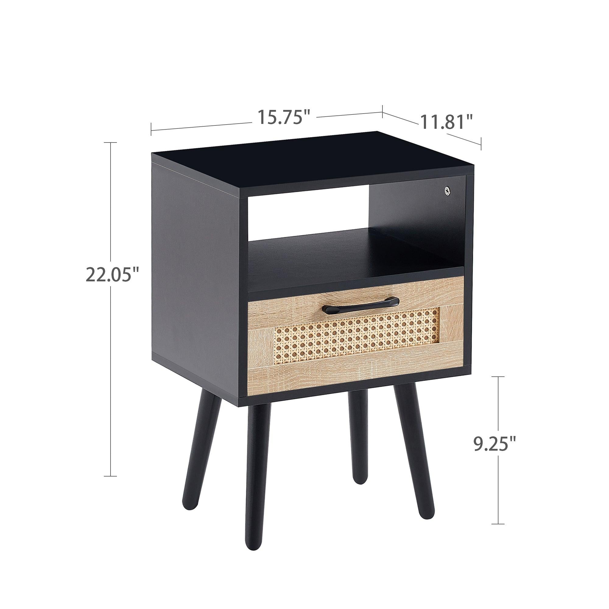 15.75" Rattan End table with  drawer and solid wood legs,Modern nightstand, side table for living roon, bedroom, black